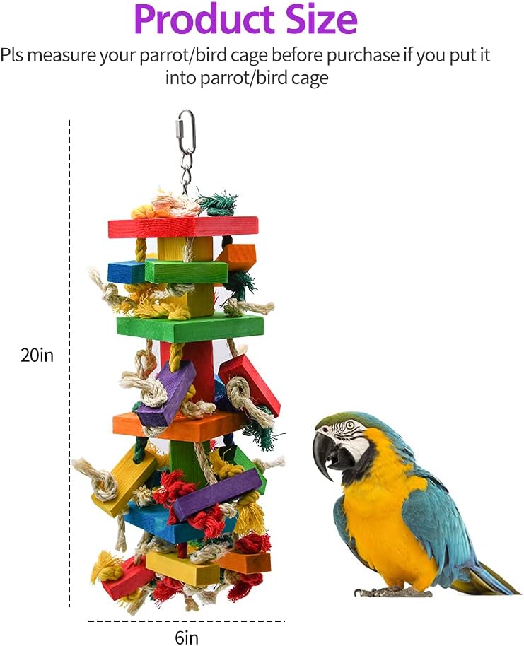 RUBY.Q 1/2/3 Pack Large Parrot Toy, 20in Bird Parrot Toy, Multicolored Natural Wooden Bird Chewing Toys for Large Macaws, African Grey and a Variety of Amazon Parrots (1 Pack)