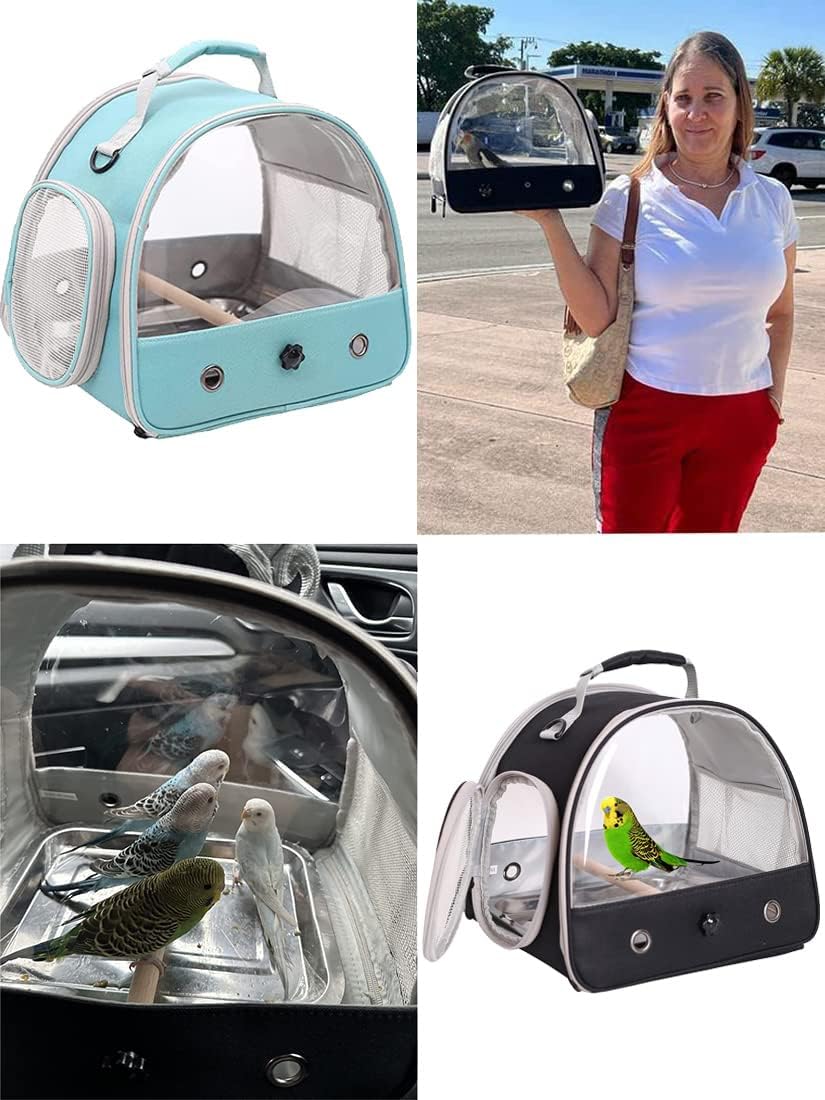 Small Bird Travel Cage Carrier, Portable Small Bird Parrot Parakeet Carrier with Standing Perch and Stainless Steel Tray, Side Access Window Collapsible