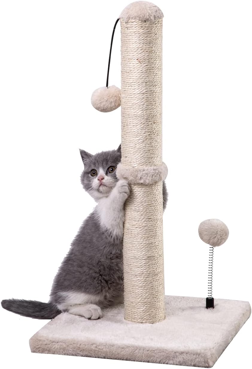 MECOOL 34” Tall Cat Scratching Post Premium Basics Kitten Scratcher Sisal Scratch Posts Trees with Hanging Ball for Indoor Cats (34 inches for Adult Cats, Beige)