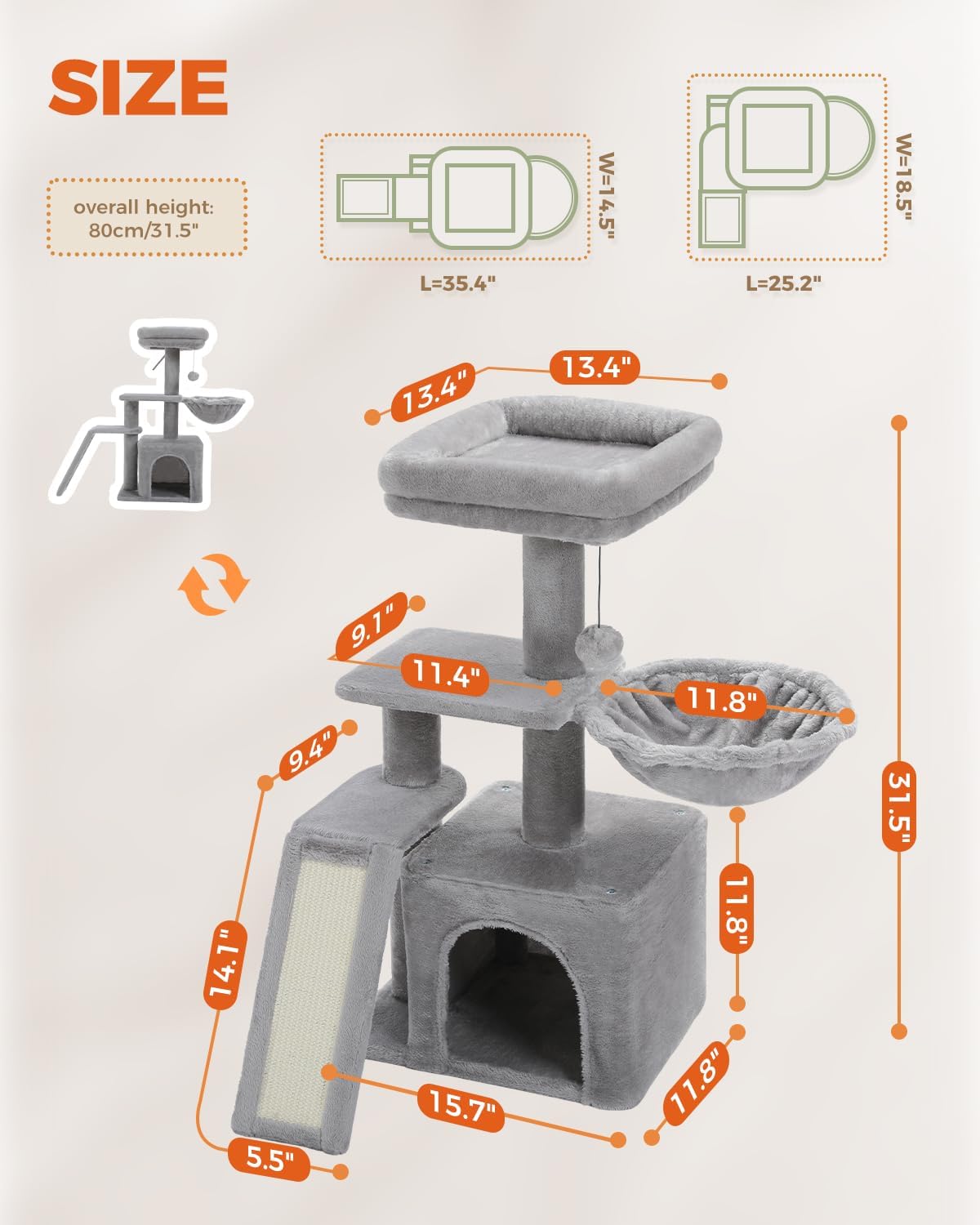 PETEPELA Cat Tree for Small Indoor Cats, Plush Cat Tower with Large Cat Condo, Deep Hammock and Sisal Cat Scratching Post for Kittens Grey