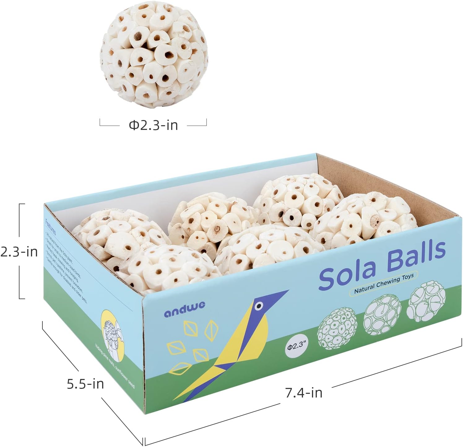 andwe Vogelspielzeug Sola Balls – natürliches, weiches Kau-, Zerkleinerungs- und Futtersuchspielzeug für Nymphensittiche, Sittiche, Quäker, Papageien, Wellensittiche, Sittiche, Kaninchen, Hasen, Meerschweinchen, Chinchillas (Stil 2 (6 Stück)) 