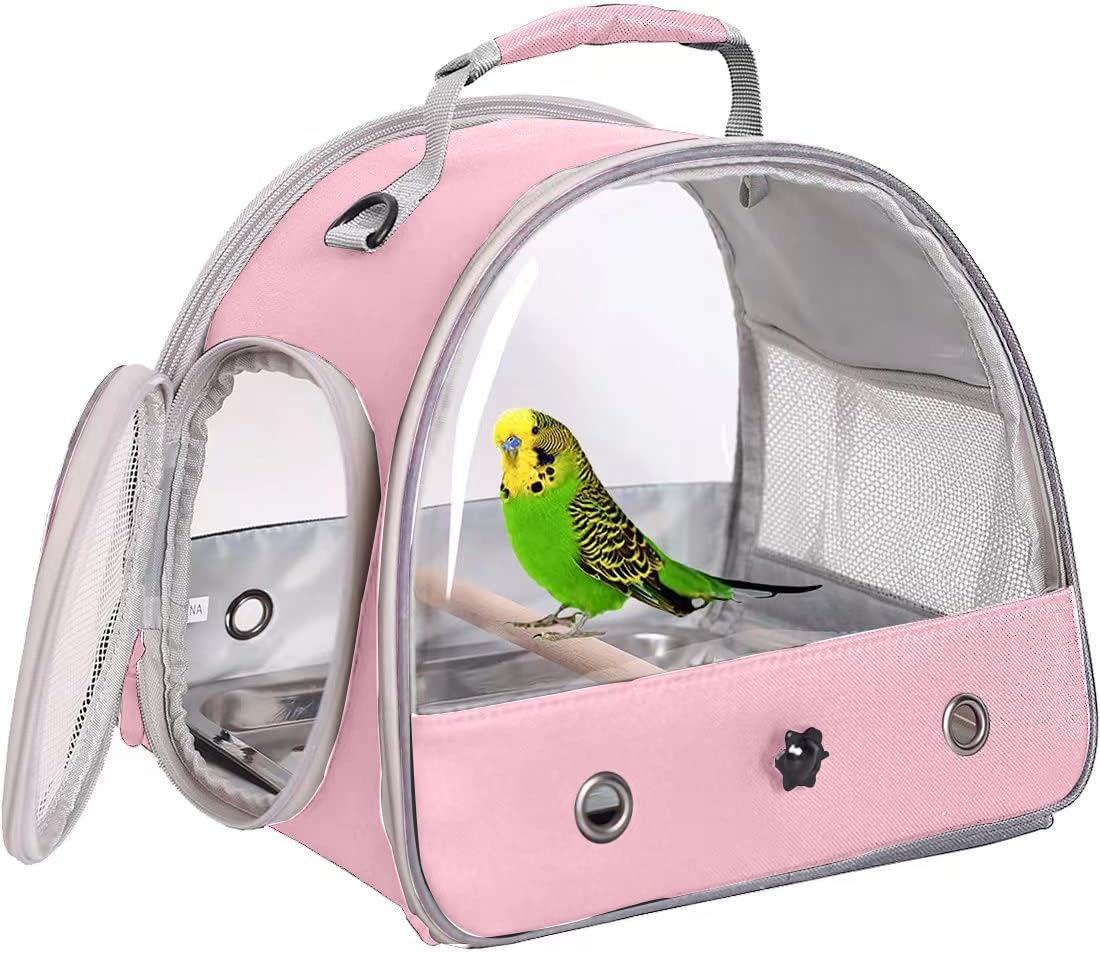 Small Bird Travel Cage Carrier, Portable Small Bird Parrot Parakeet Carrier with Standing Perch and Stainless Steel Tray, Side Access Window Collapsible