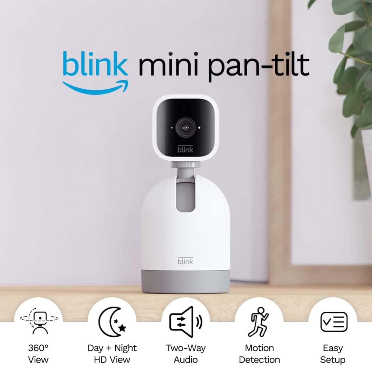 Blink Mini cámara panorámica e inclinable | Cámara de seguridad inteligente giratoria para interiores, audio bidireccional, vídeo HD, detección de movimiento, funciona con Alexa (blanco) 