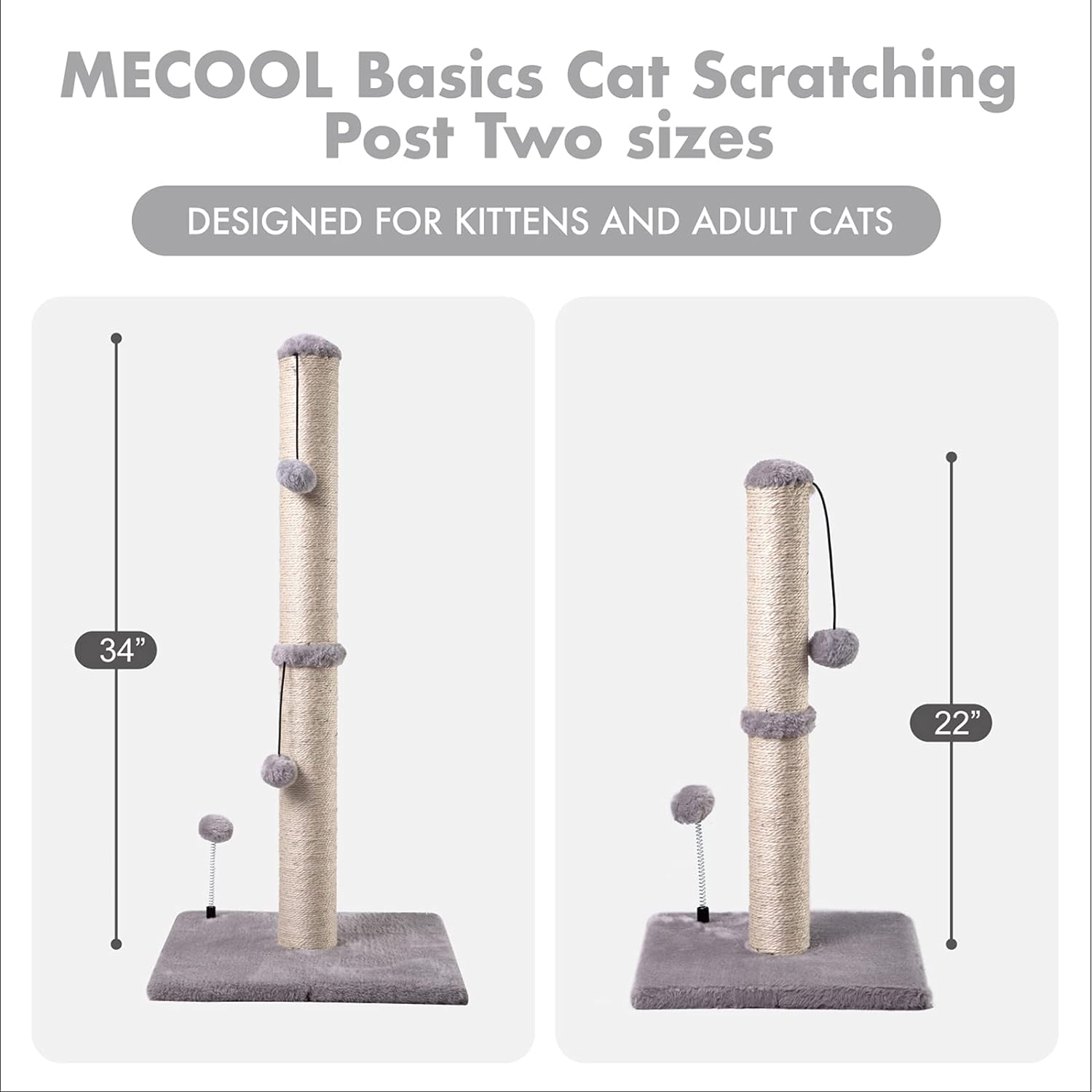 MECOOL 34” Tall Cat Scratching Post Premium Basics Kitten Scratcher Sisal Scratch Posts Trees with Hanging Ball for Indoor Cats (34 inches for Adult Cats, Beige)