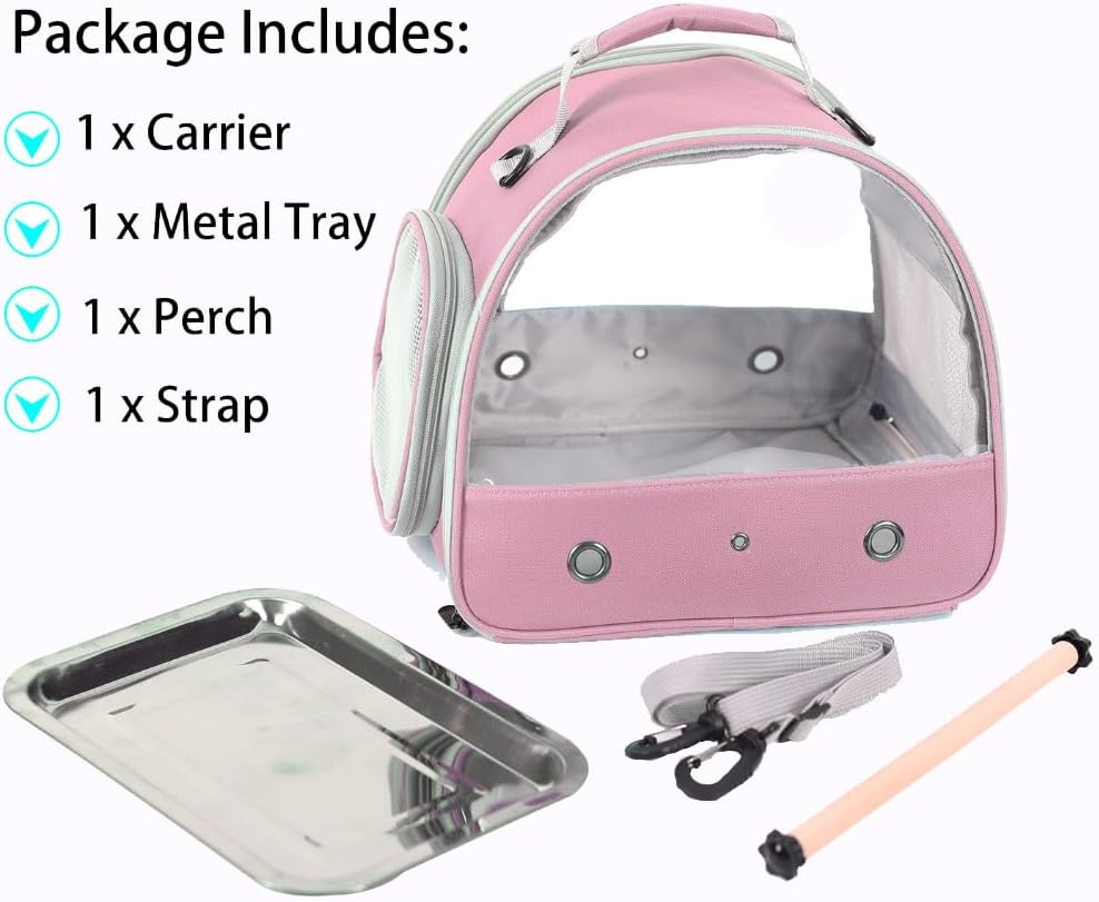 Small Bird Travel Cage Carrier, Portable Small Bird Parrot Parakeet Carrier with Standing Perch and Stainless Steel Tray, Side Access Window Collapsible