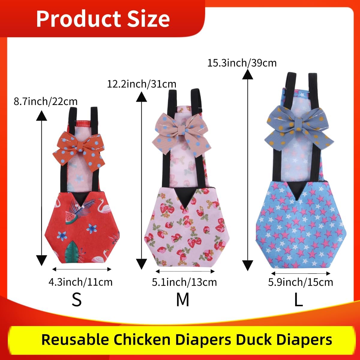 2 pañales de pollo reutilizables con 2 paquetes de collar de gallo, pañales para aves de corral, pañales para mascotas de uso múltiple para pollitos, patitos y ansarones, pañales de pato lavables con pajarita, accesorios para pollo (mediano) 