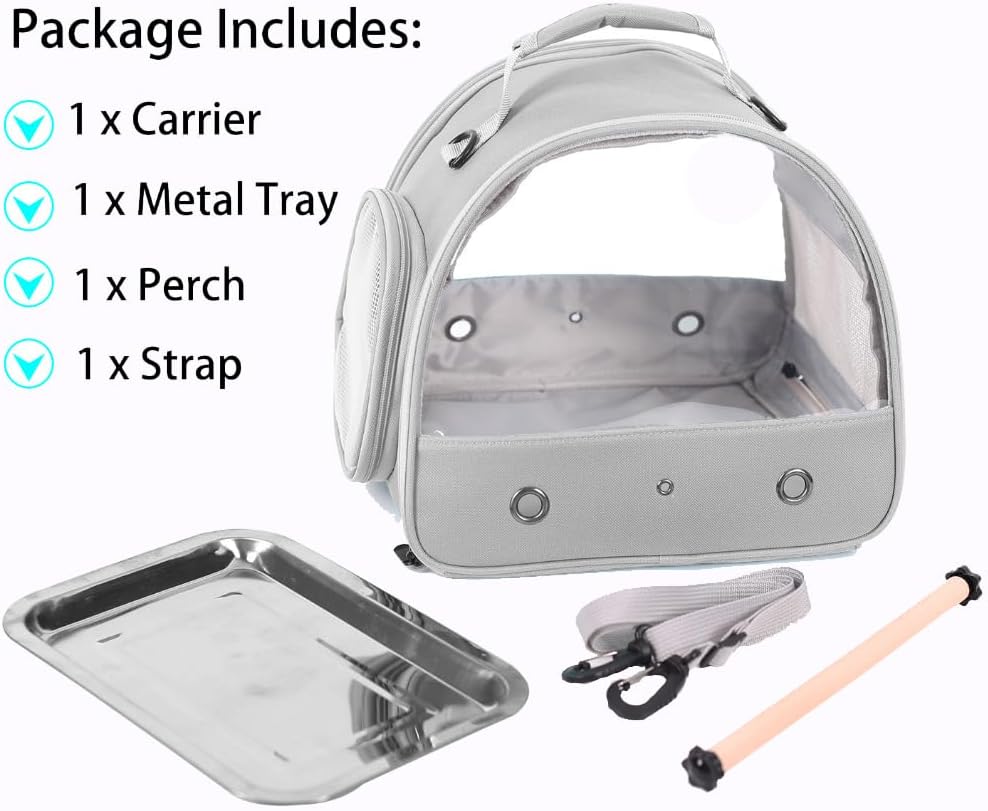 Small Bird Travel Cage Carrier, Portable Small Bird Parrot Parakeet Carrier with Standing Perch and Stainless Steel Tray, Side Access Window Collapsible