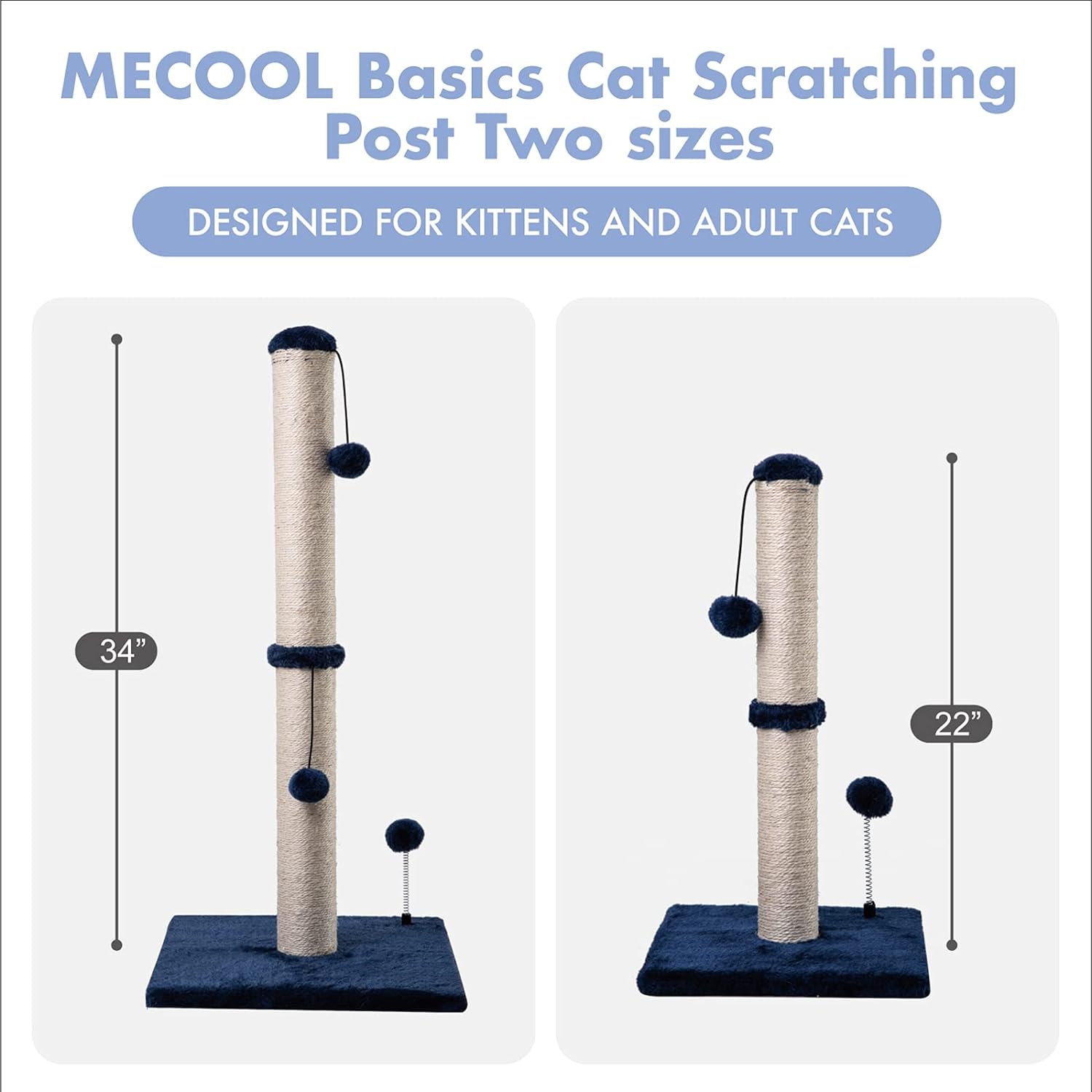 MECOOL 34” Tall Cat Scratching Post Premium Basics Kitten Scratcher Sisal Scratch Posts Trees with Hanging Ball for Indoor Cats (34 inches for Adult Cats, Beige)