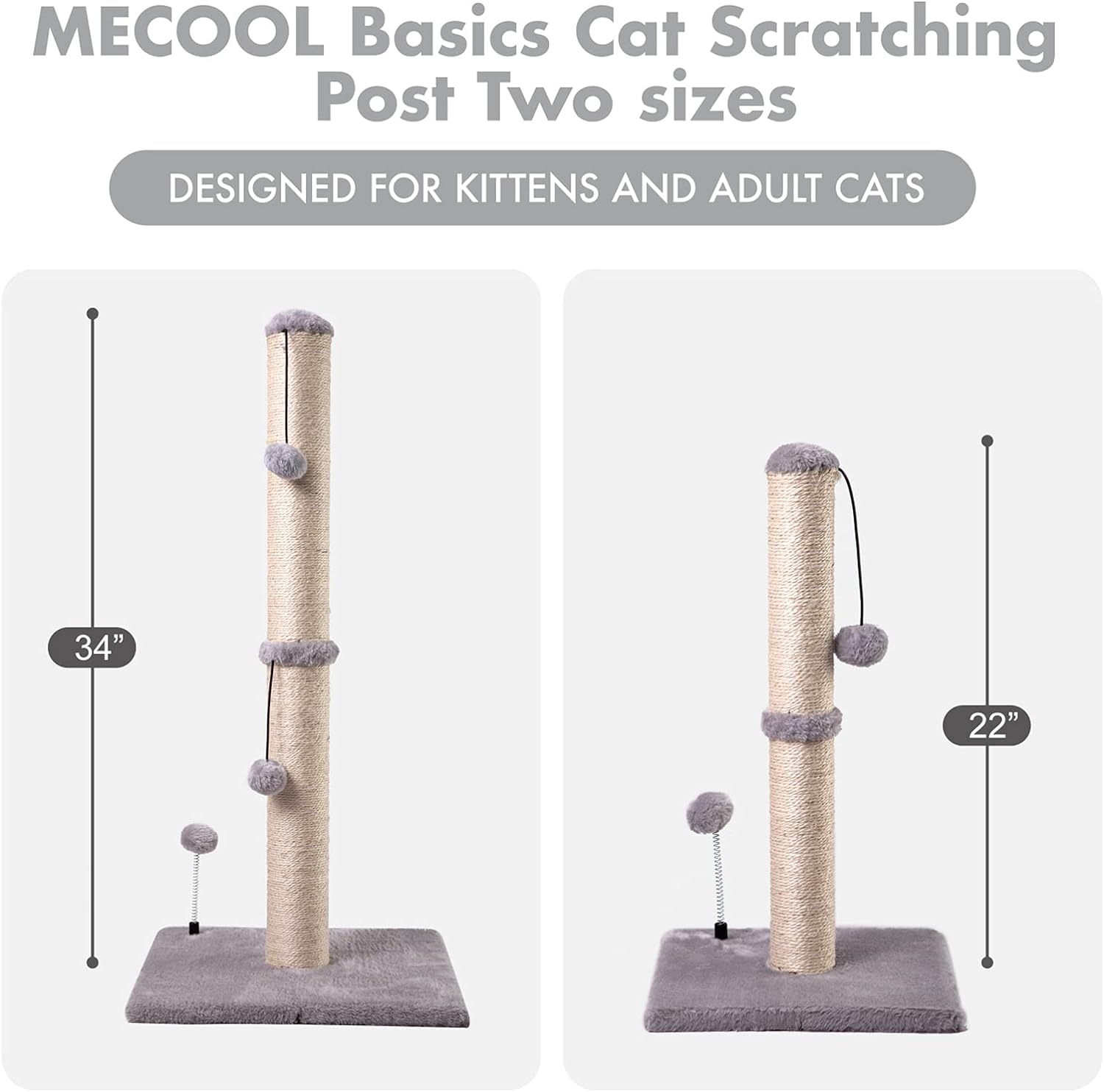 MECOOL 34” Tall Cat Scratching Post Premium Basics Kitten Scratcher Sisal Scratch Posts Trees with Hanging Ball for Indoor Cats (34 inches for Adult Cats, Beige)