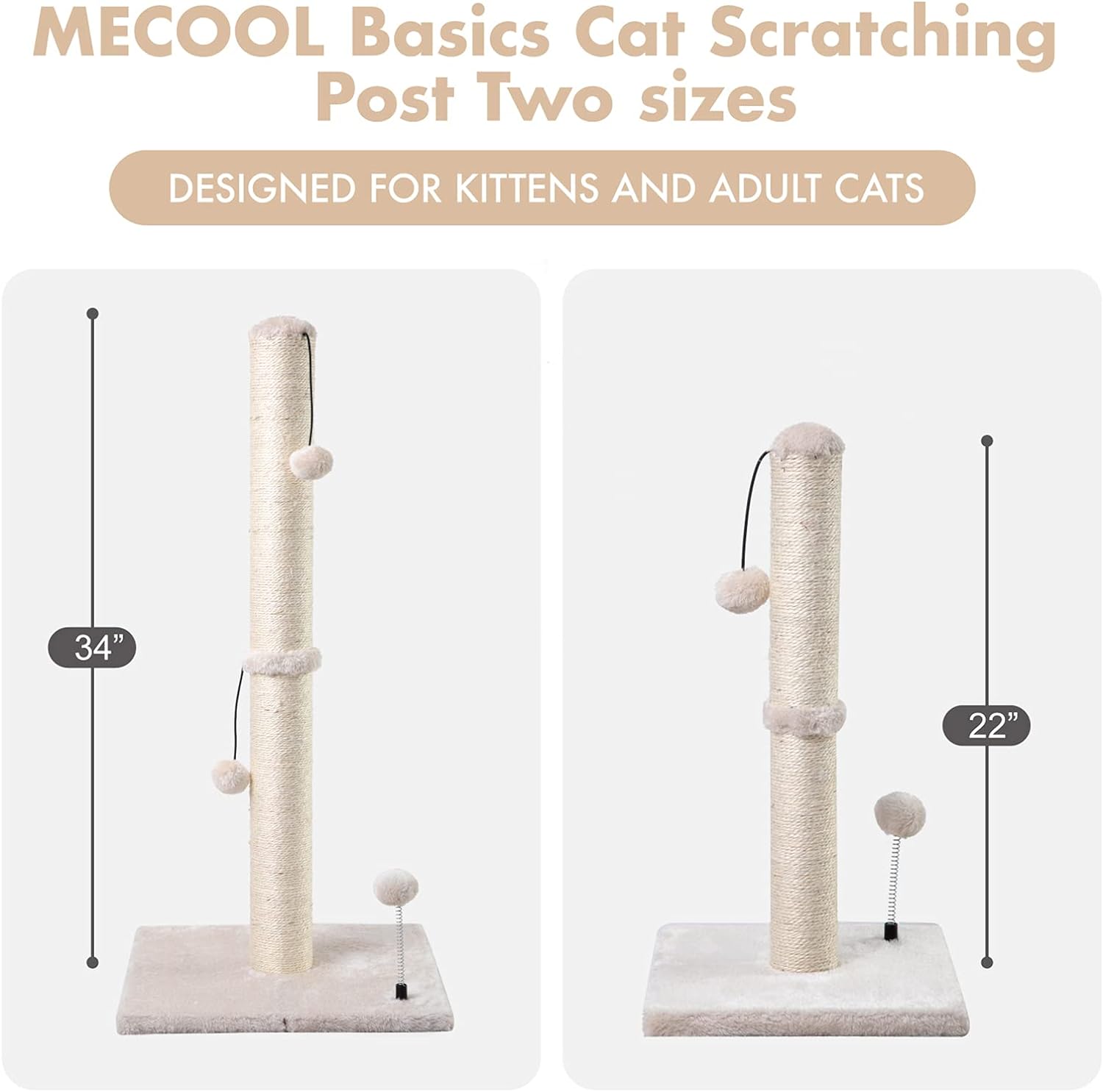 MECOOL Poste rascador para gatos de 34 pulgadas de alto, rascador para gatitos Premium Basics, postes rascadores de sisal, árboles con bola colgante para gatos de interior (34 pulgadas para gatos adultos, beige) 