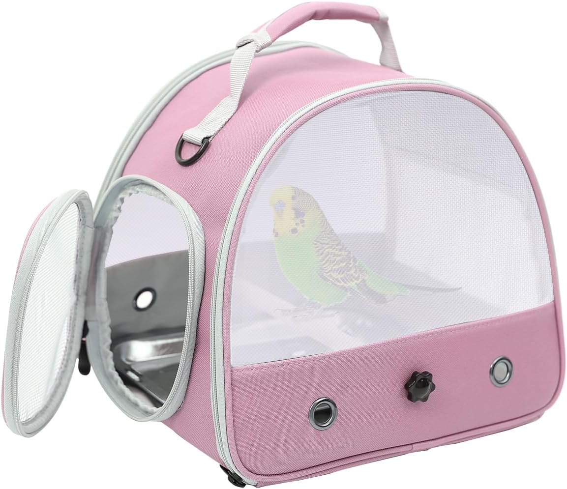 Small Bird Travel Cage Carrier, Portable Small Bird Parrot Parakeet Carrier with Standing Perch and Stainless Steel Tray, Side Access Window Collapsible