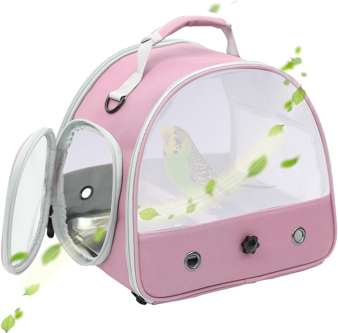 Small Bird Travel Cage Carrier, Portable Small Bird Parrot Parakeet Carrier with Standing Perch and Stainless Steel Tray, Side Access Window Collapsible