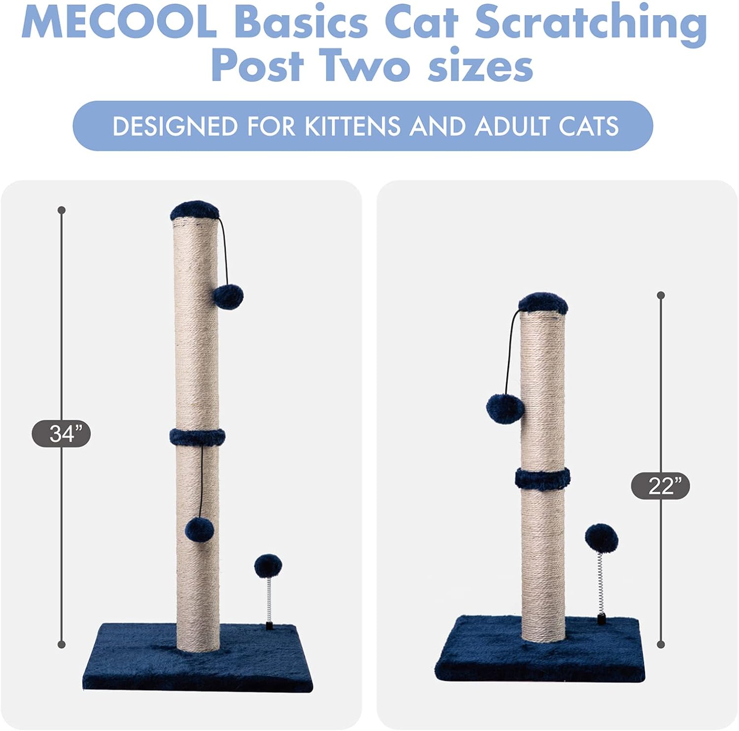 MECOOL 34” Tall Cat Scratching Post Premium Basics Kitten Scratcher Sisal Scratch Posts Trees with Hanging Ball for Indoor Cats (34 inches for Adult Cats, Beige)