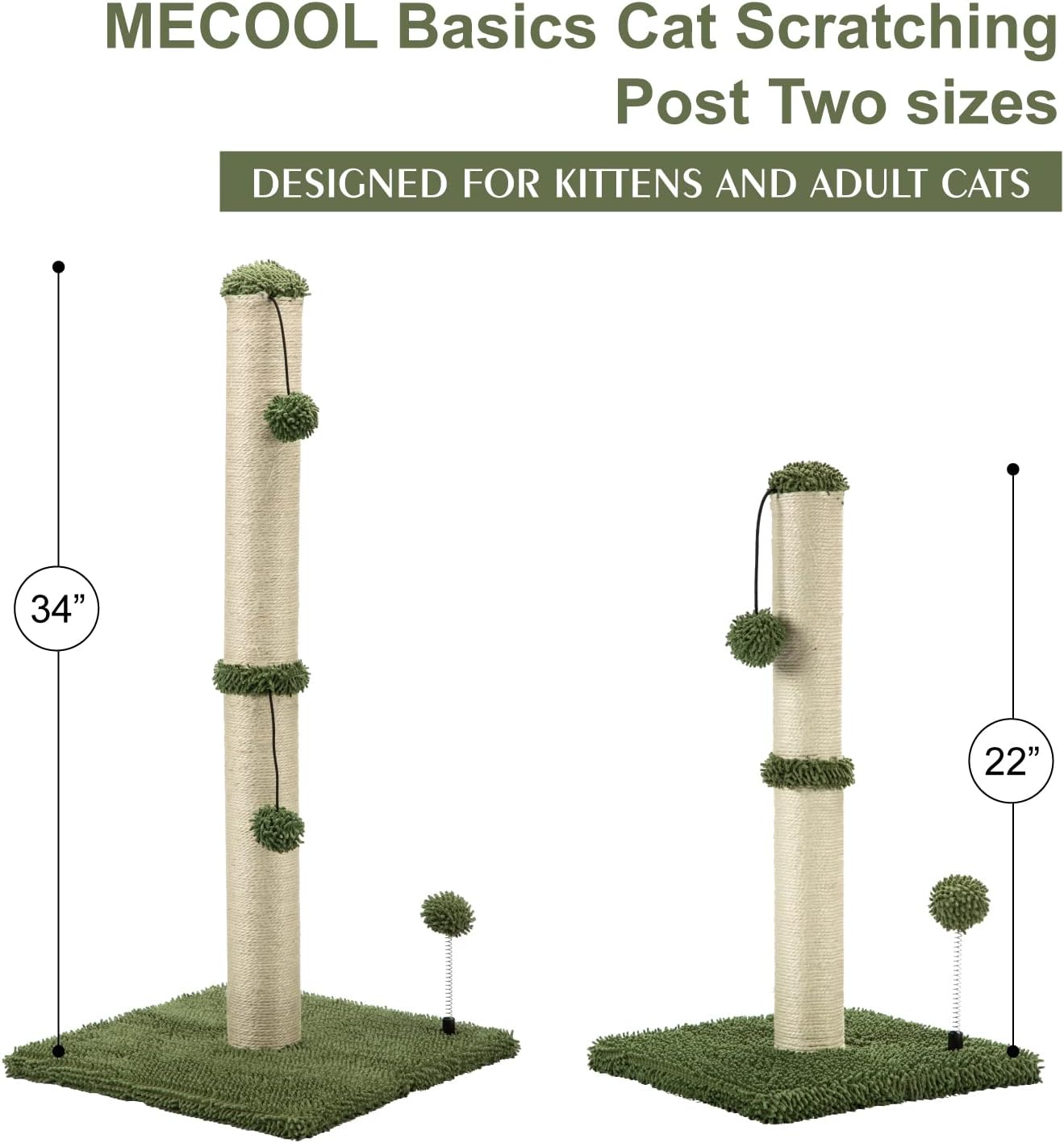 MECOOL Poste rascador para gatos de 34 pulgadas de alto, rascador para gatitos Premium Basics, postes rascadores de sisal, árboles con bola colgante para gatos de interior (34 pulgadas para gatos adultos, beige) 