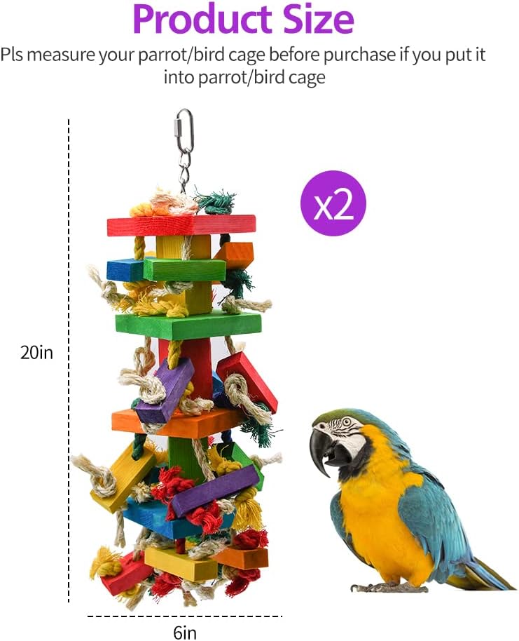 RUBY.Q 1/2/3er-Pack großes Papageienspielzeug, 20-Zoll-Vogelpapageienspielzeug, mehrfarbiges Naturholz-Vogelkauspielzeug für große Aras, Graupapageien und eine Vielzahl von Amazonas-Papageien (1 Packung) 