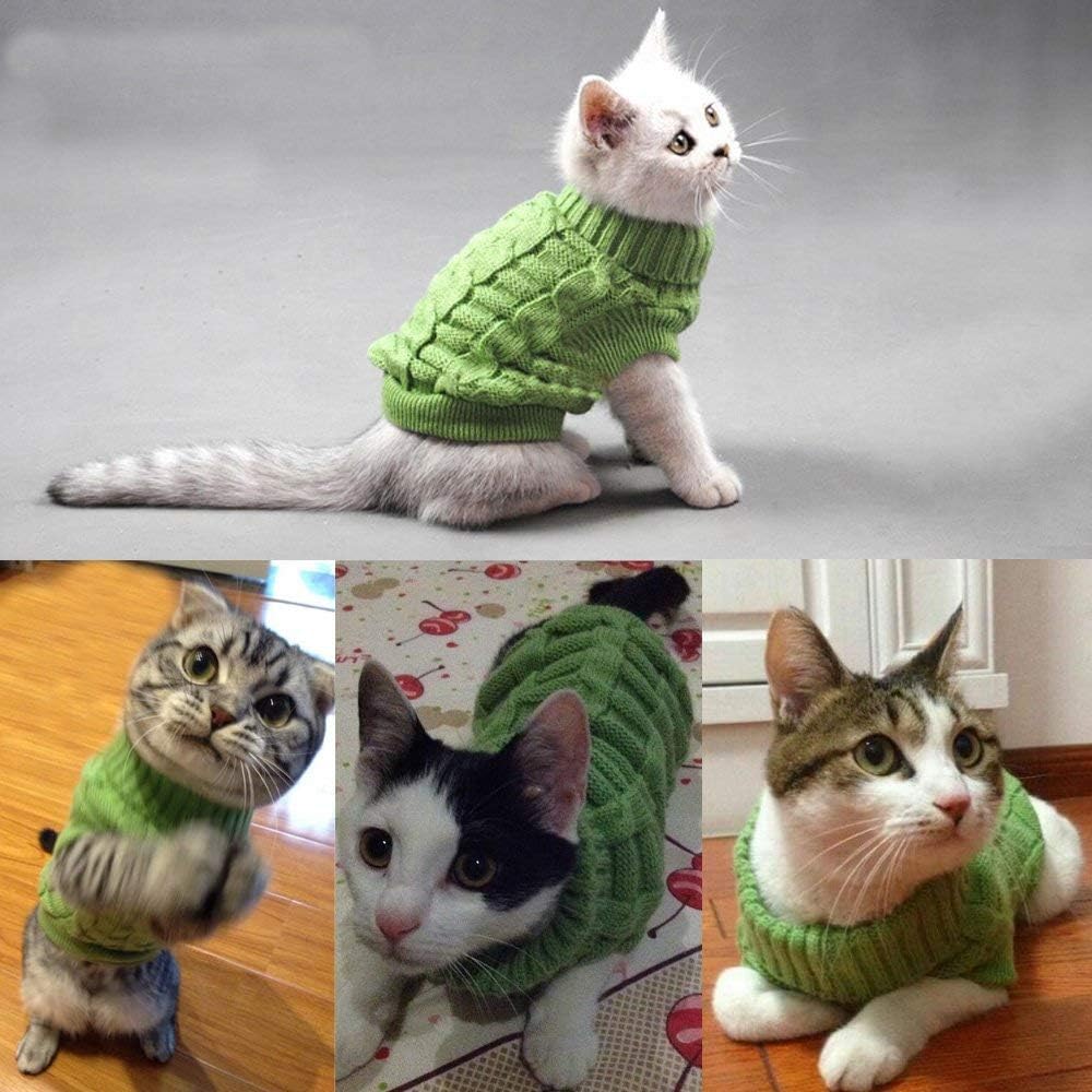 Bolbove Rollkragenpullover mit Zopfmuster für kleine Hunde und Katzen, Strickwaren-Outfit für kaltes Wetter (grün, klein) 