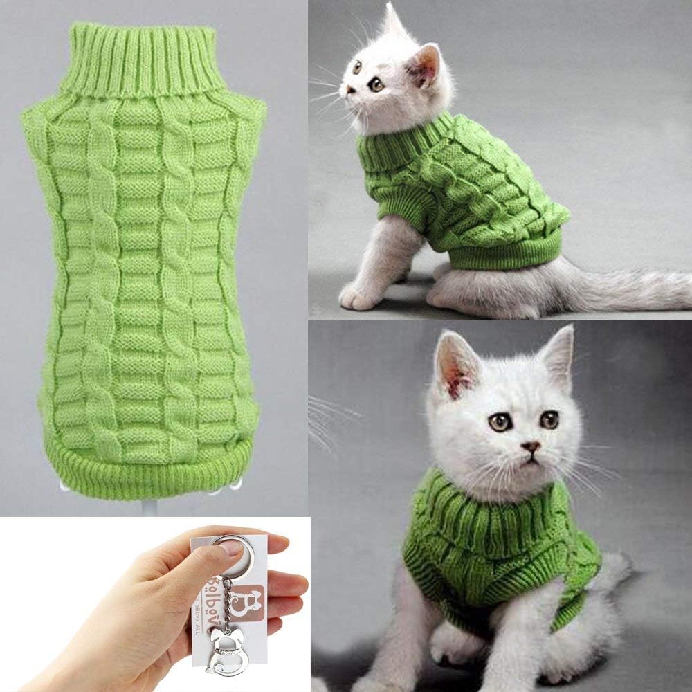 Bolbove Rollkragenpullover mit Zopfmuster für kleine Hunde und Katzen, Strickwaren-Outfit für kaltes Wetter (grün, klein) 