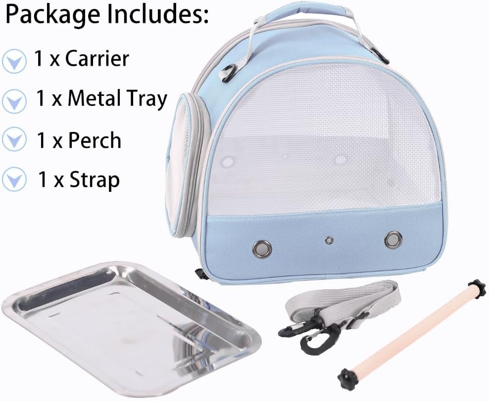 Small Bird Travel Cage Carrier, Portable Small Bird Parrot Parakeet Carrier with Standing Perch and Stainless Steel Tray, Side Access Window Collapsible