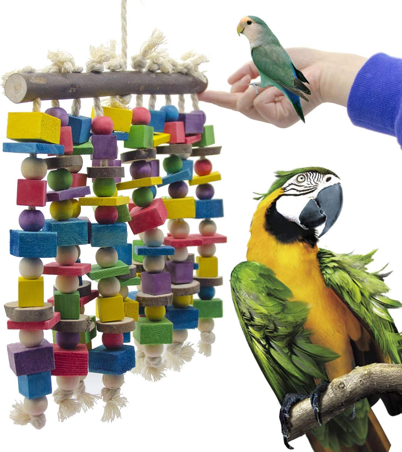 Deloky Juguete para masticar loros y pájaros grandes, bloques de madera natural multicolores, juguetes para desgarrar loros y pájaros, sugeridos para guacamayos grandes, cokatoos, gris africano y una variedad de loros amazónicos (15,7" x 9,8") 