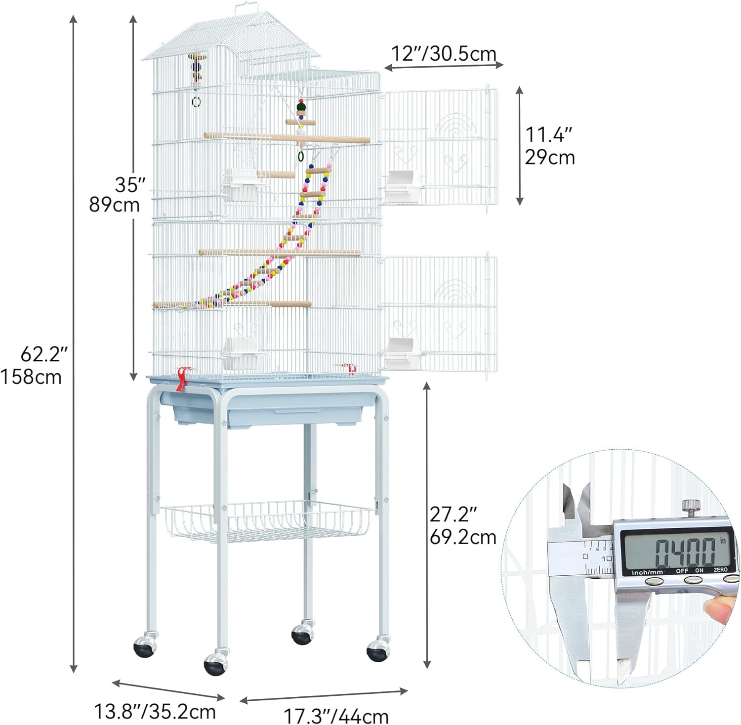 YITAHOME Jaula de metal para pájaros de 62 pulgadas, jaulas grandes para periquitos para loros, cacatúas, agapornis, palomas con techo, soporte rodante y juguetes colgantes 