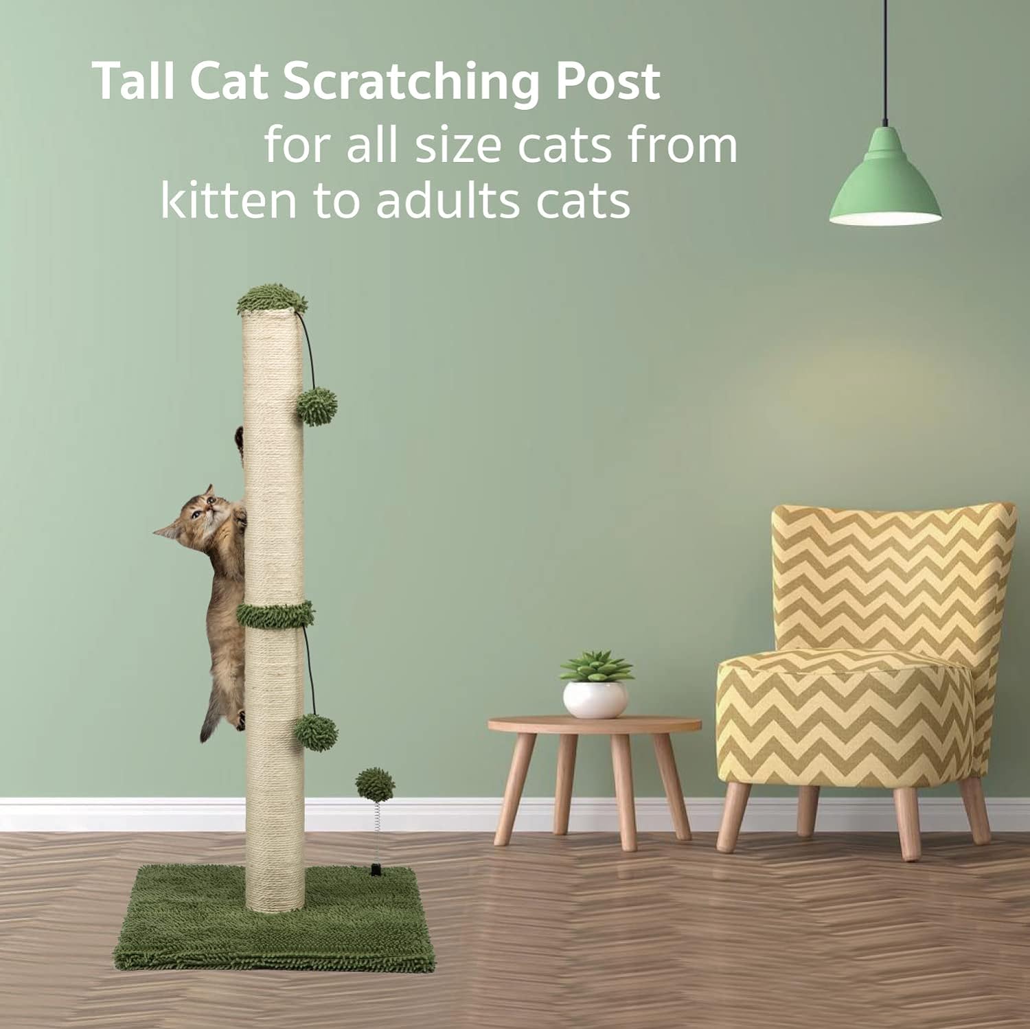 MECOOL 34” Tall Cat Scratching Post Premium Basics Kitten Scratcher Sisal Scratch Posts Trees with Hanging Ball for Indoor Cats (34 inches for Adult Cats, Beige)