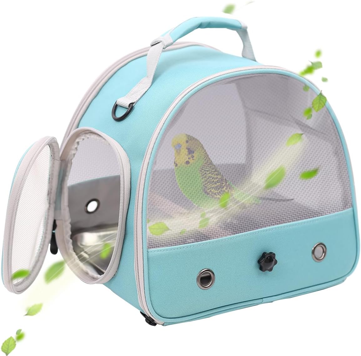 Transportkäfig für kleine Vögel, tragbare Transportbox für kleine Vögel, Papageien, Sittiche mit stehender Sitzstange und Edelstahltablett, zusammenklappbares seitliches Zugangsfenster 