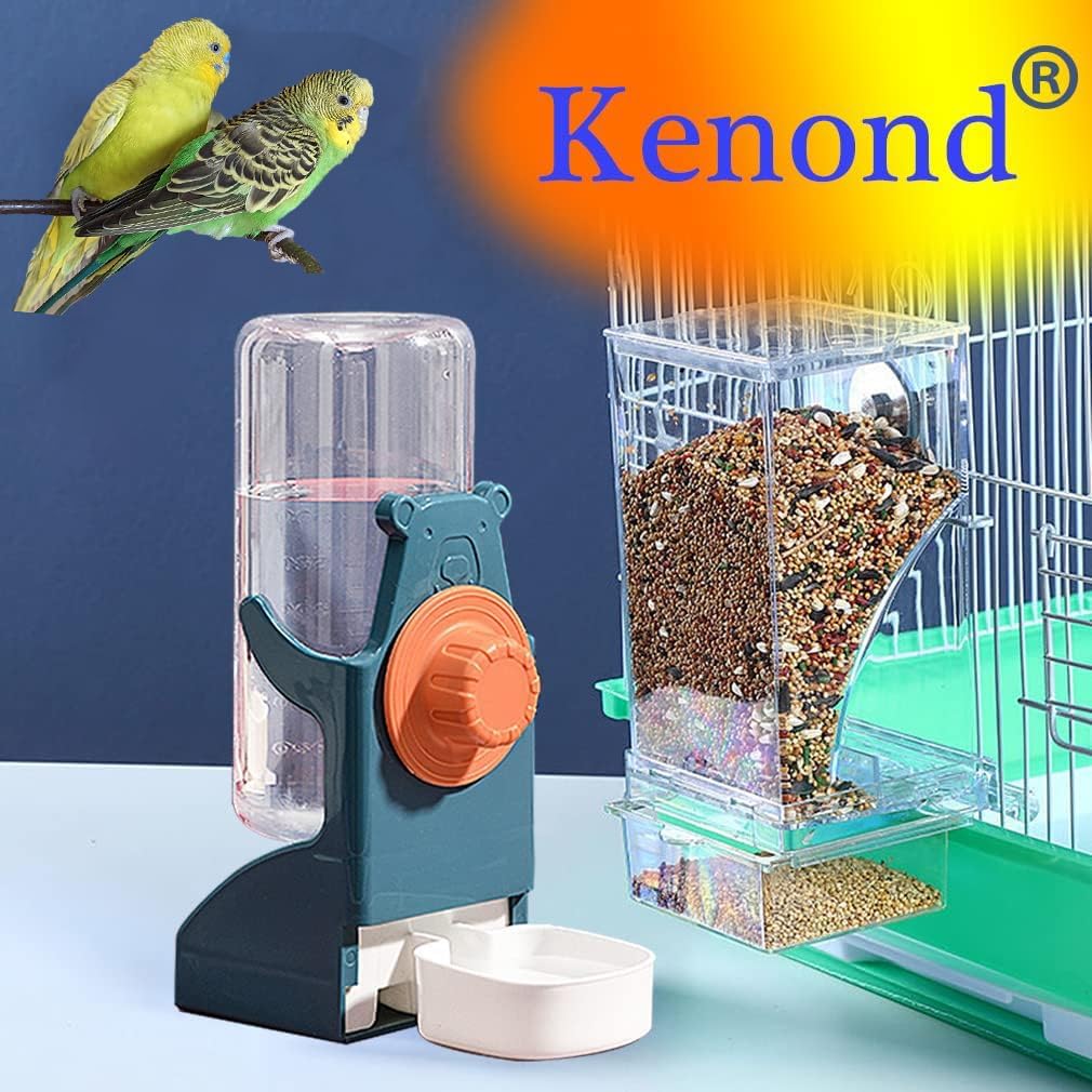 Kenond No Mess Bird Feeder Water Dispenser Set, Automatic Parrot Feeder Cage Accessories, Clear Parakeet Seed Container Food Feeder Drinker for Cage, Cockatiel Squirrel Finch Lovebirds Budgies Canary