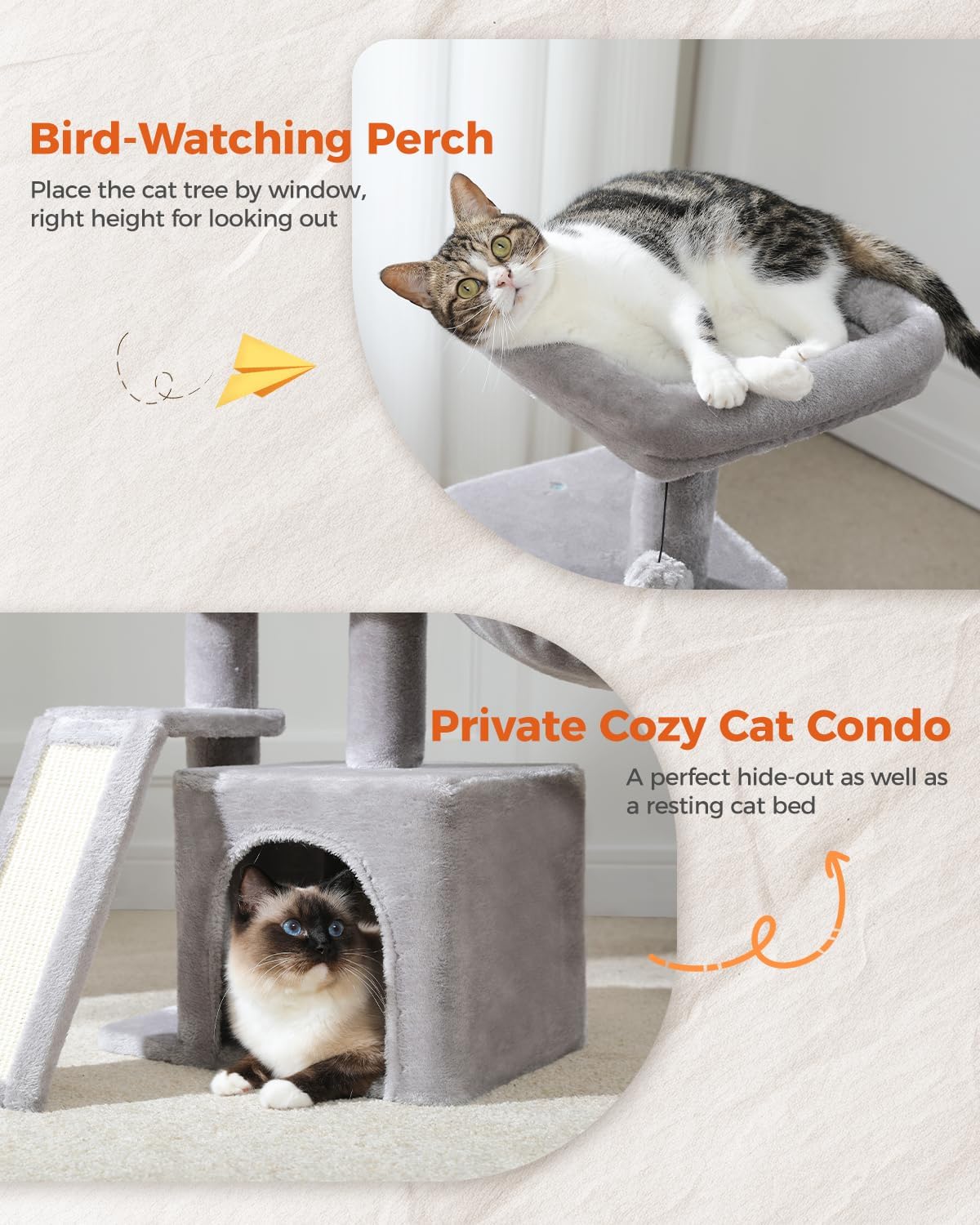 PETEPELA Árbol para gatos pequeños de interior, torre de felpa para gatos con condominio grande para gatos, hamaca profunda y poste rascador de sisal para gatitos, color gris 