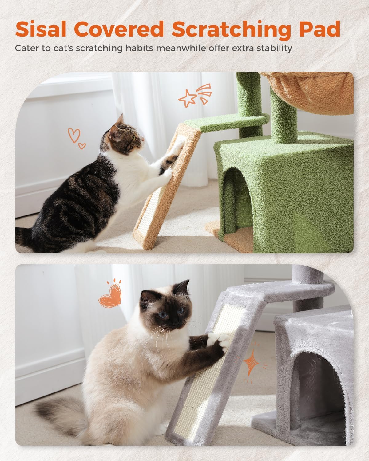 PETEPELA Árbol para gatos pequeños de interior, torre de felpa para gatos con condominio grande para gatos, hamaca profunda y poste rascador de sisal para gatitos, color gris 