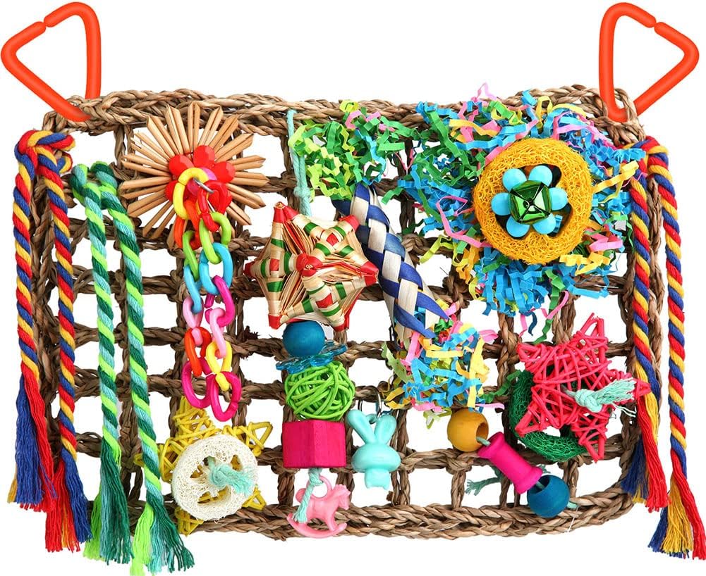 YIXUND Bird Toys Bird Foraging Toys for Parakeets Cockatiel Conures Lovebirds Bird Foraging Shredding Seagrass Wall with Various Toys for Birds