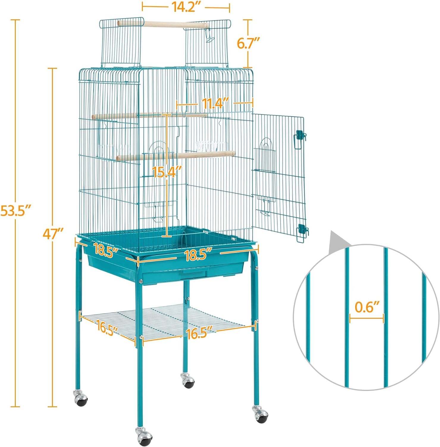 Yaheetech Jaula para pájaros con parte superior abierta y ruedas para cacatúas, periquitos, mejillas verdes, jaula para loros de tamaño mediano con soporte desmontable 