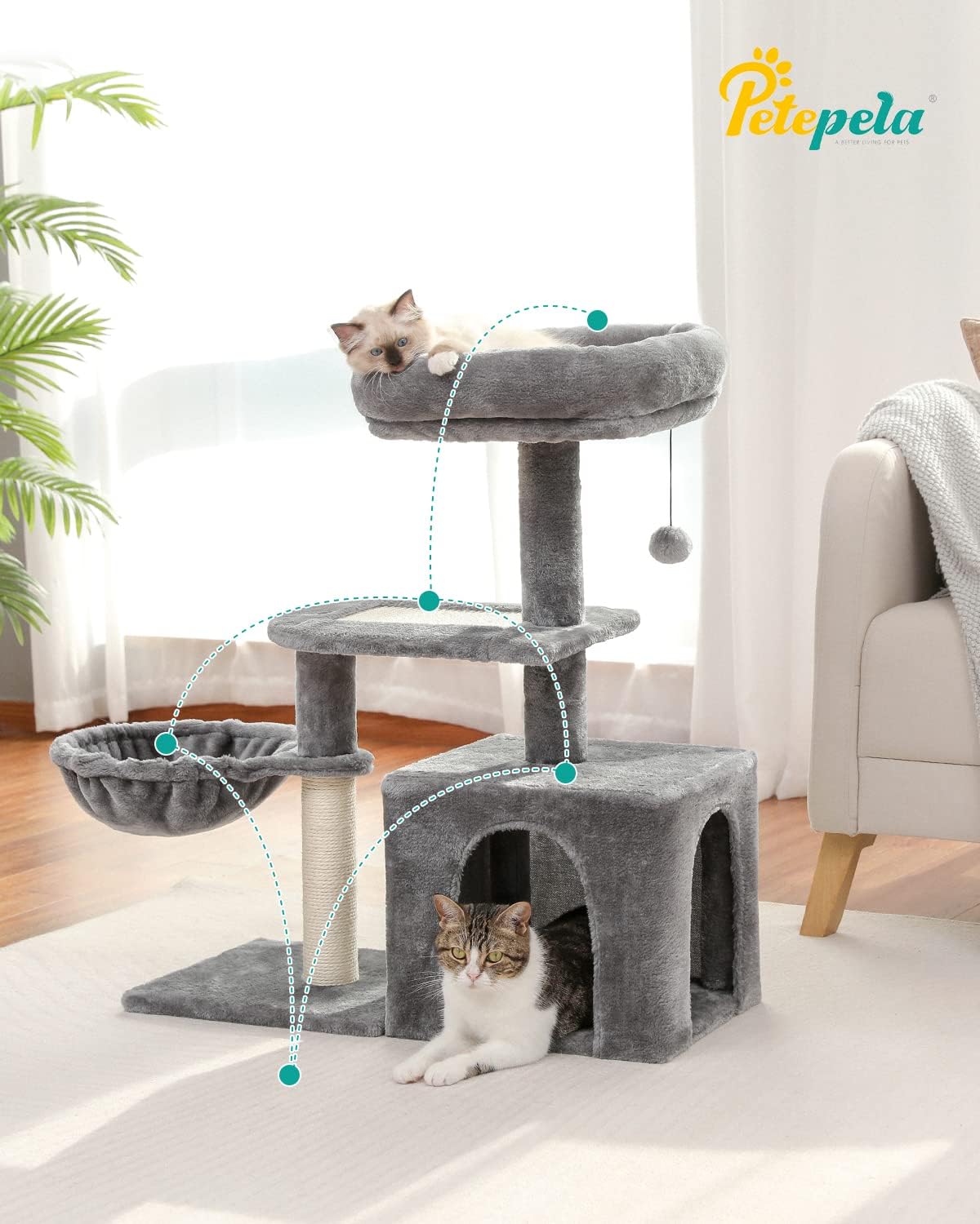 PETEPELA Árbol para gatos pequeños de interior, torre de felpa para gatos con condominio grande para gatos, hamaca profunda y poste rascador de sisal para gatitos, color gris 