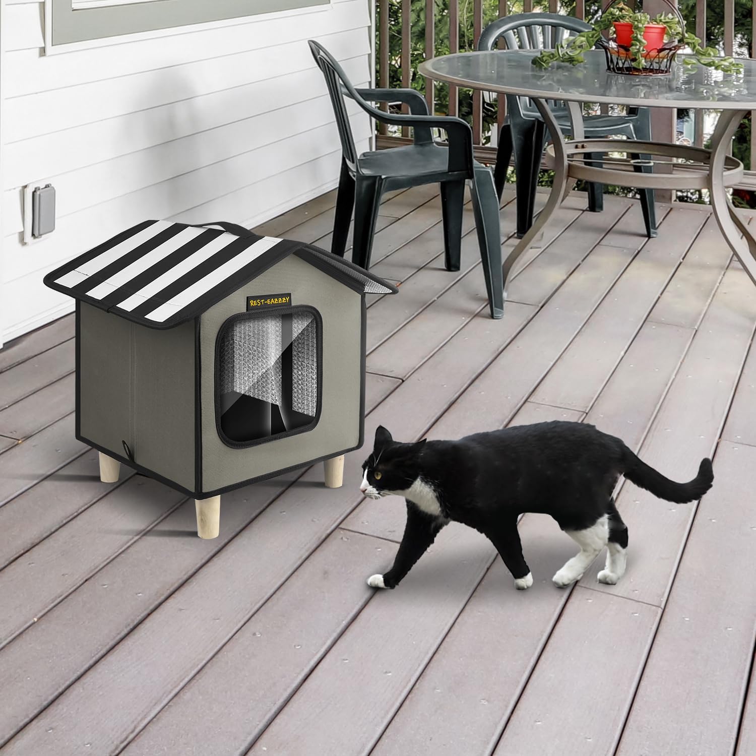 Rest-Eazzzy Cat House, Outdoor Cat Bed, Weatherproof Cat Shelter for Outdoor Cats Dogs and Small Animals (Heat Grey S)