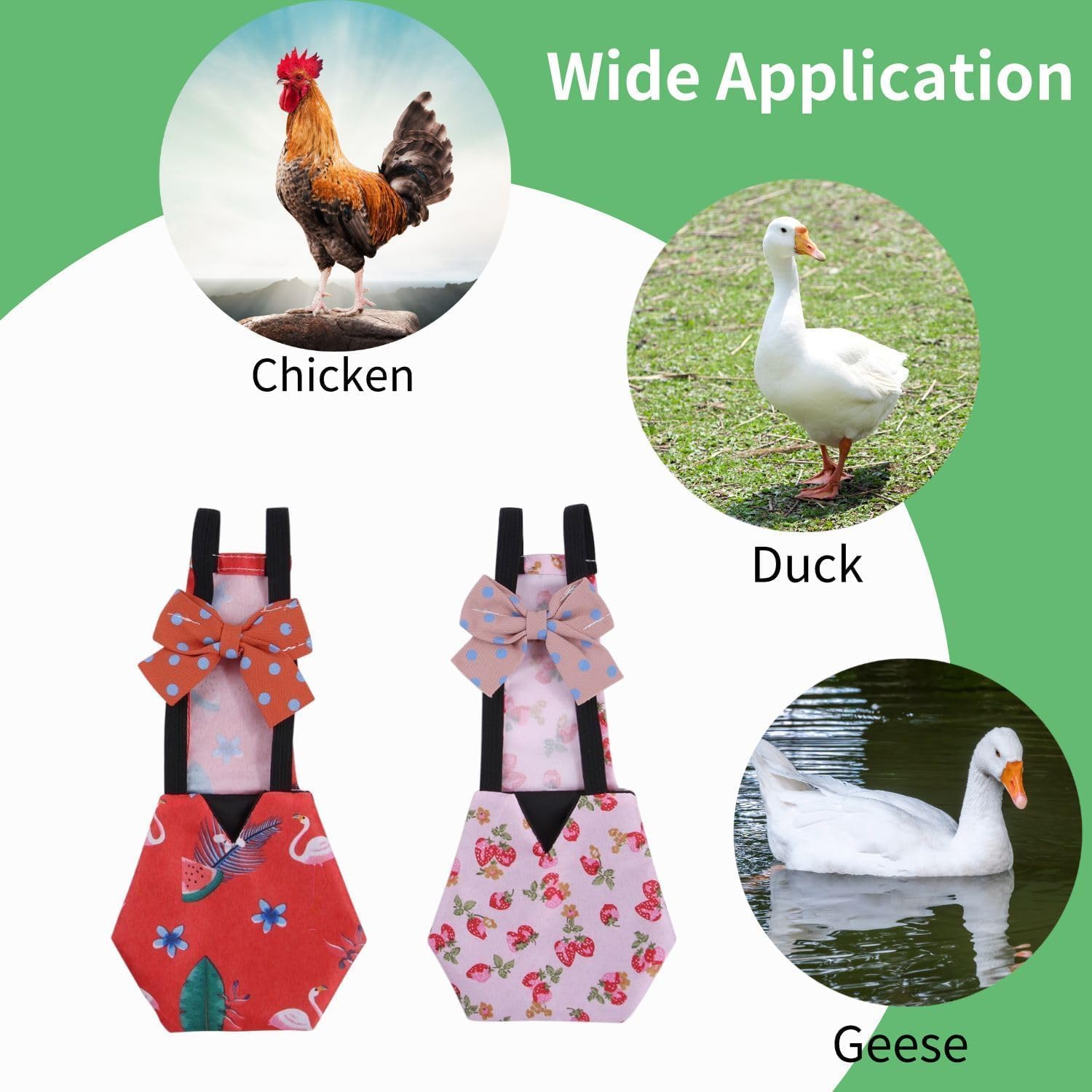 2 pañales de pollo reutilizables con 2 paquetes de collar de gallo, pañales para aves de corral, pañales para mascotas de uso múltiple para pollitos, patitos y ansarones, pañales de pato lavables con pajarita, accesorios para pollo (mediano) 