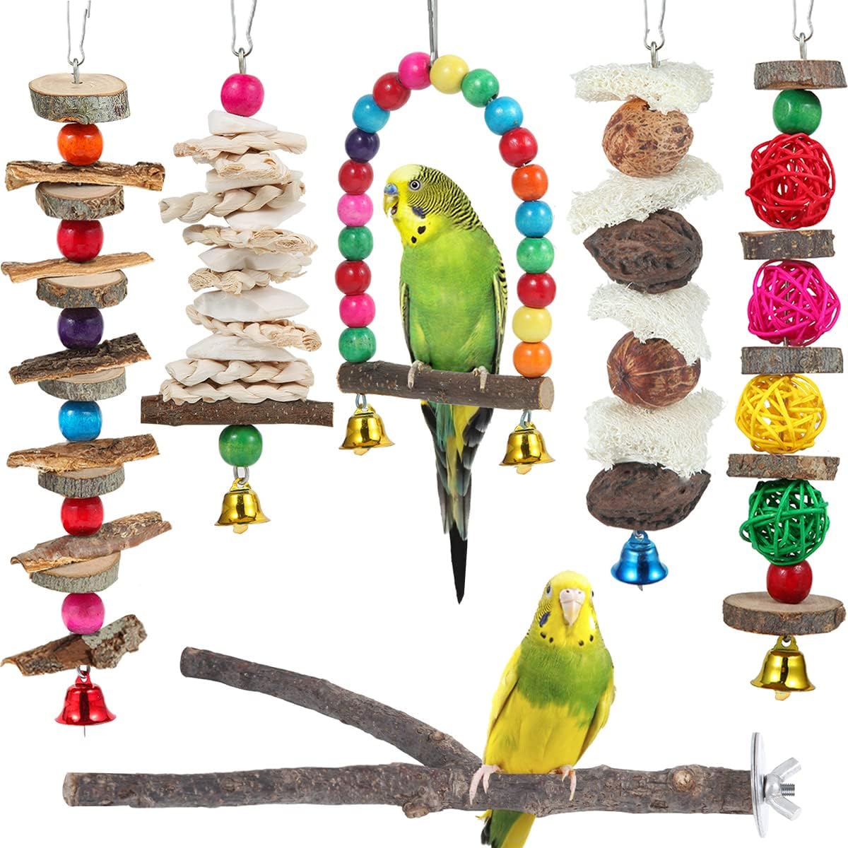 Perca para pájaros, juguetes para periquitos, paquete de 6 accesorios para jaulas de pájaros, juguetes para masticar de madera, soporte para perca para loros, cacatúas, agapornis, periquitos, pinzones y otros pájaros de tamaño pequeño a mediano 