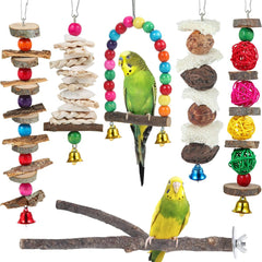 Perca para pájaros, juguetes para periquitos, paquete de 6 accesorios para jaulas de pájaros, juguetes para masticar de madera, soporte para perca para loros, cacatúas, agapornis, periquitos, pinzones y otros pájaros de tamaño pequeño a mediano 