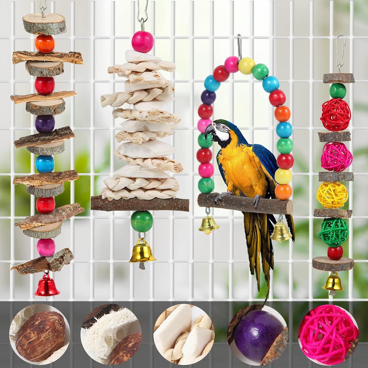 Perca para pájaros, juguetes para periquitos, paquete de 6 accesorios para jaulas de pájaros, juguetes para masticar de madera, soporte para perca para loros, cacatúas, agapornis, periquitos, pinzones y otros pájaros de tamaño pequeño a mediano 