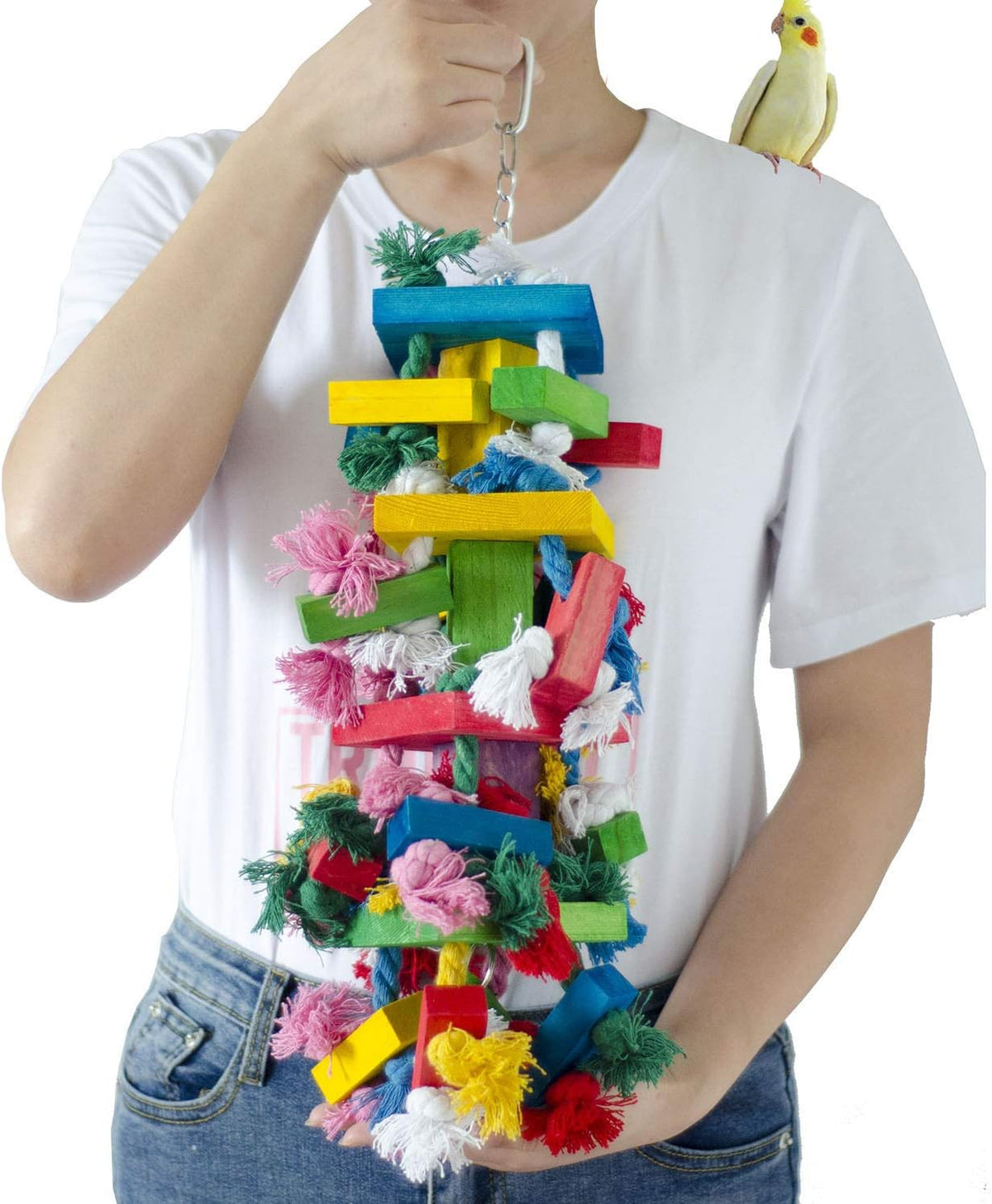 Deloky Bird Block Knots Tearing Toy – 19,7 Zoll großes, mehrfarbiges Papageien-Kauspielzeug aus Naturholz, empfohlen für Aras, Graupapageien und eine Vielzahl von Amazonas-Papageien. (Große Größe) 