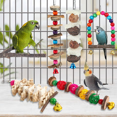 Perca para pájaros, juguetes para periquitos, paquete de 6 accesorios para jaulas de pájaros, juguetes para masticar de madera, soporte para perca para loros, cacatúas, agapornis, periquitos, pinzones y otros pájaros de tamaño pequeño a mediano 