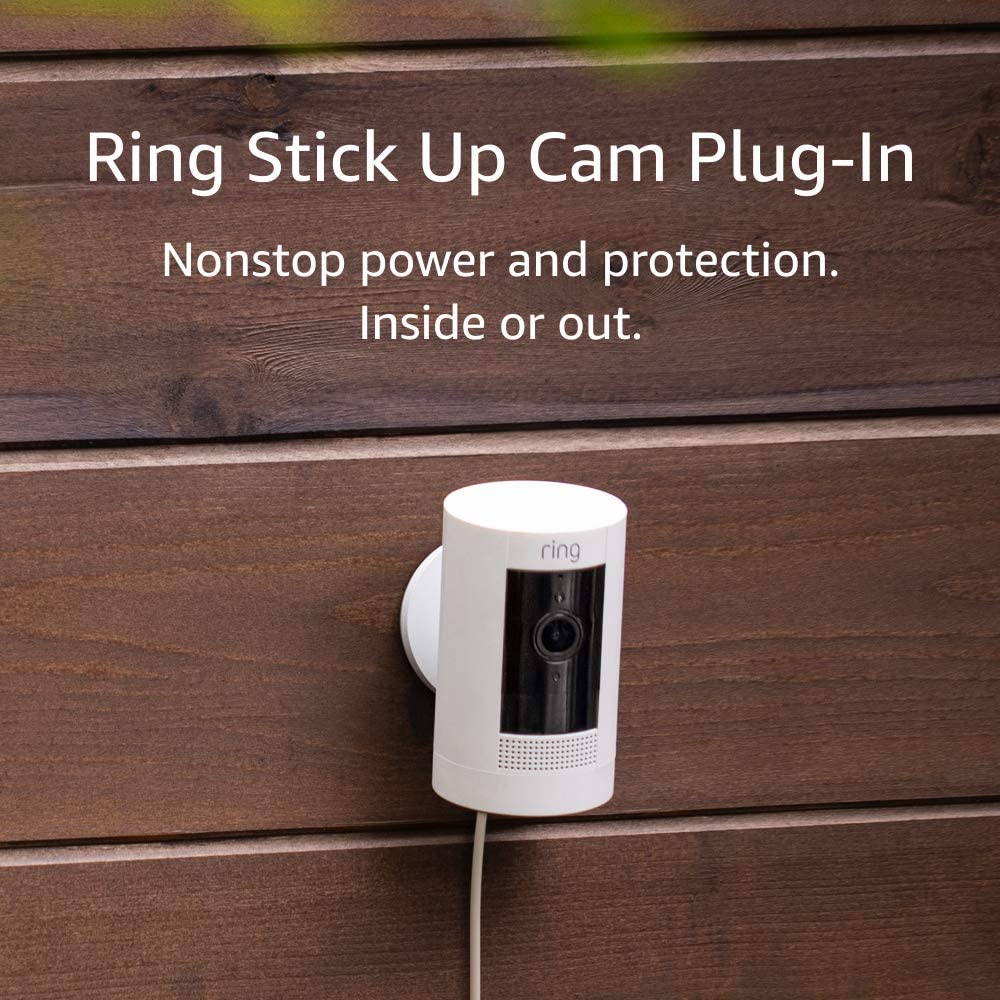 Ring Stick Up Cam Plug-In | Weather-Resistant Outdoor Camera, Live View, Color Night Vision, Two-way Talk, Motion alerts, Works with Alexa | 4-Pack | White