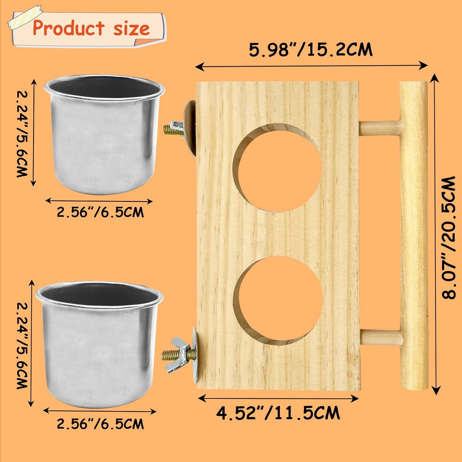 Tfwadmx Comida para pájaros Tazas de acero inoxidable Soporte de perca de madera Comedero colgante Cuencos Suministros de alimentación y riego para periquitos Conures Cockatiels Budgie Parrot 