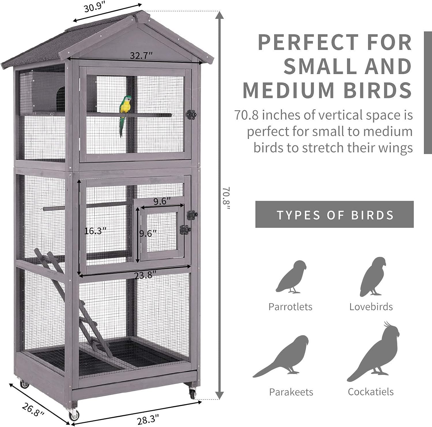 Aivituvin Vogelkäfig für den Außenbereich, große Vogelvoliere aus Holz mit Sitzstange für Sittiche, Aras und alle kleinen Vögel, Drahtgeflecht über dem Tablett, verhindert Entweichen 