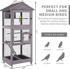 Aivituvin Outdoor Bird Cage Large Wooden Bird Aviary with Perch for Parakeet,Macaw and Any Small Birds,Wire Netting Above The Tray,Prevent Escape