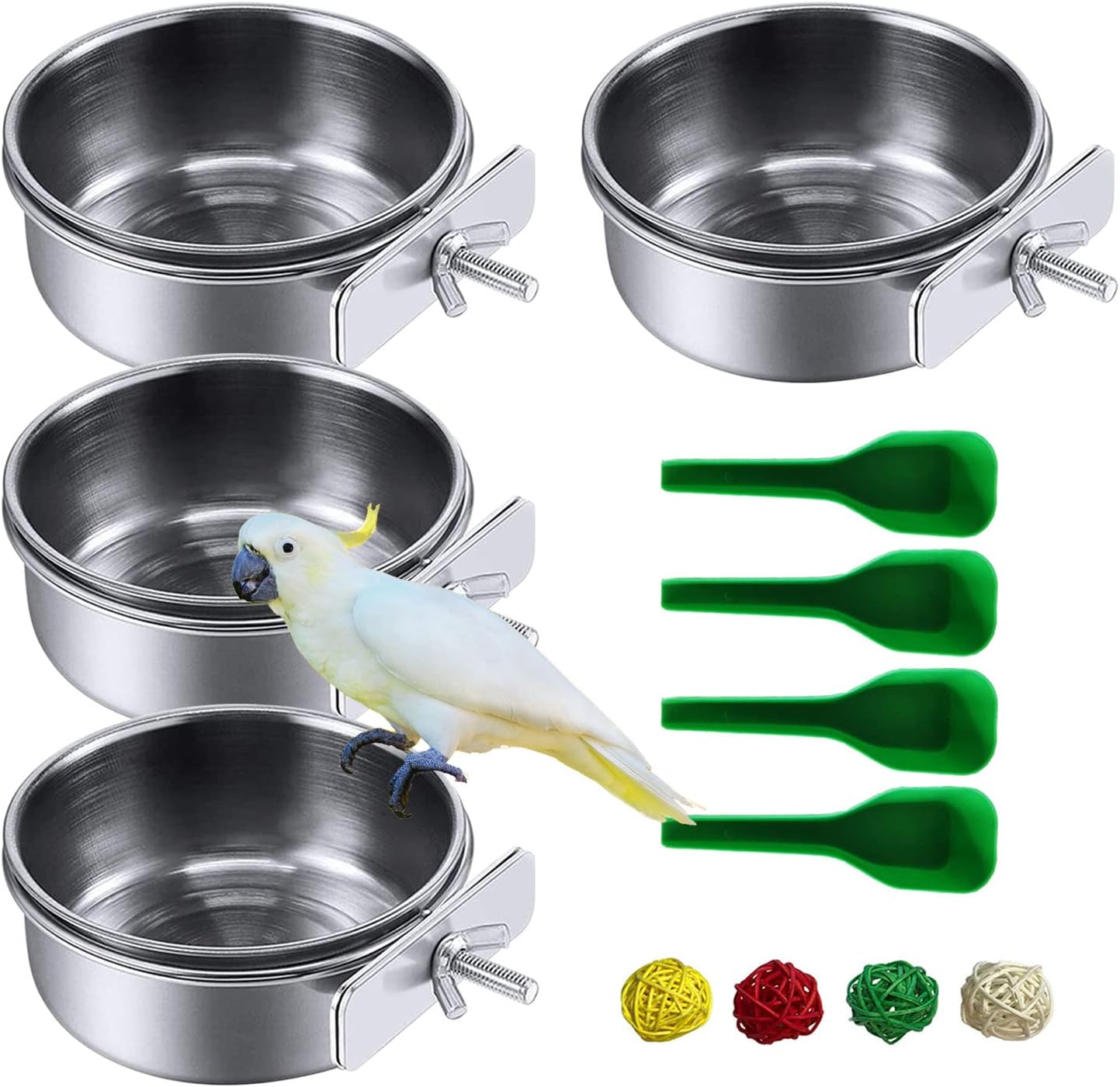 kathson Parrot Feeding Dish Cups,Stainless Steel Bird Food Water Bowl Parakeet Feeder Birds Cage Ball Toys with Clamp Holder for Cockatiel Macaw Budgies Small Animal Chinchilla (7 Pcs)