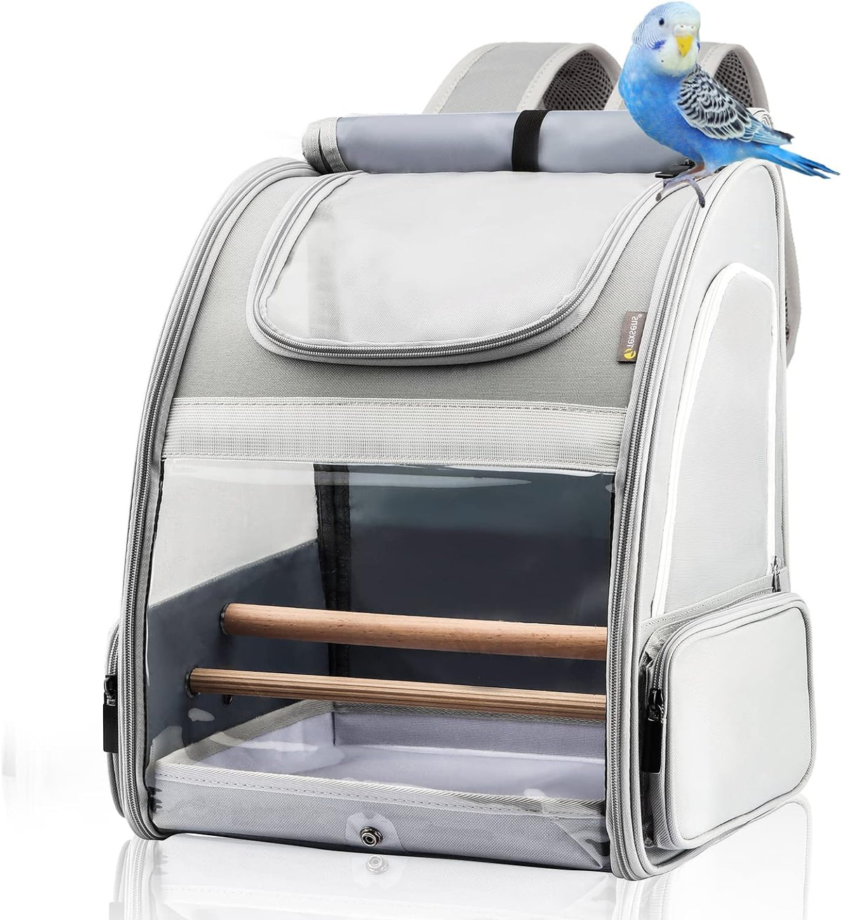 KiiDAS Pet Bird Carrier Mochila para loros para viajes de senderismo, con bandeja de acero inoxidable y 2 perchas de pie, jaula de viaje transpirable para pájaros pequeños, cotorras, mejillas verdes, cacatúas (gris claro) 