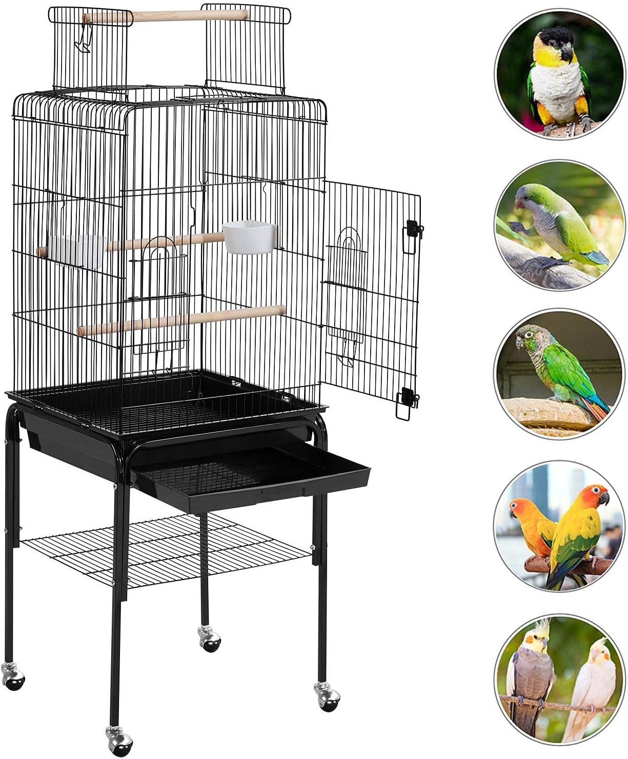 Yaheetech Open Top Rolling Parrot Bird Cage for Cockatiel Sun Parakeet Green Cheek Conure Mid-Sized Parrot Cage with Detachable Stand