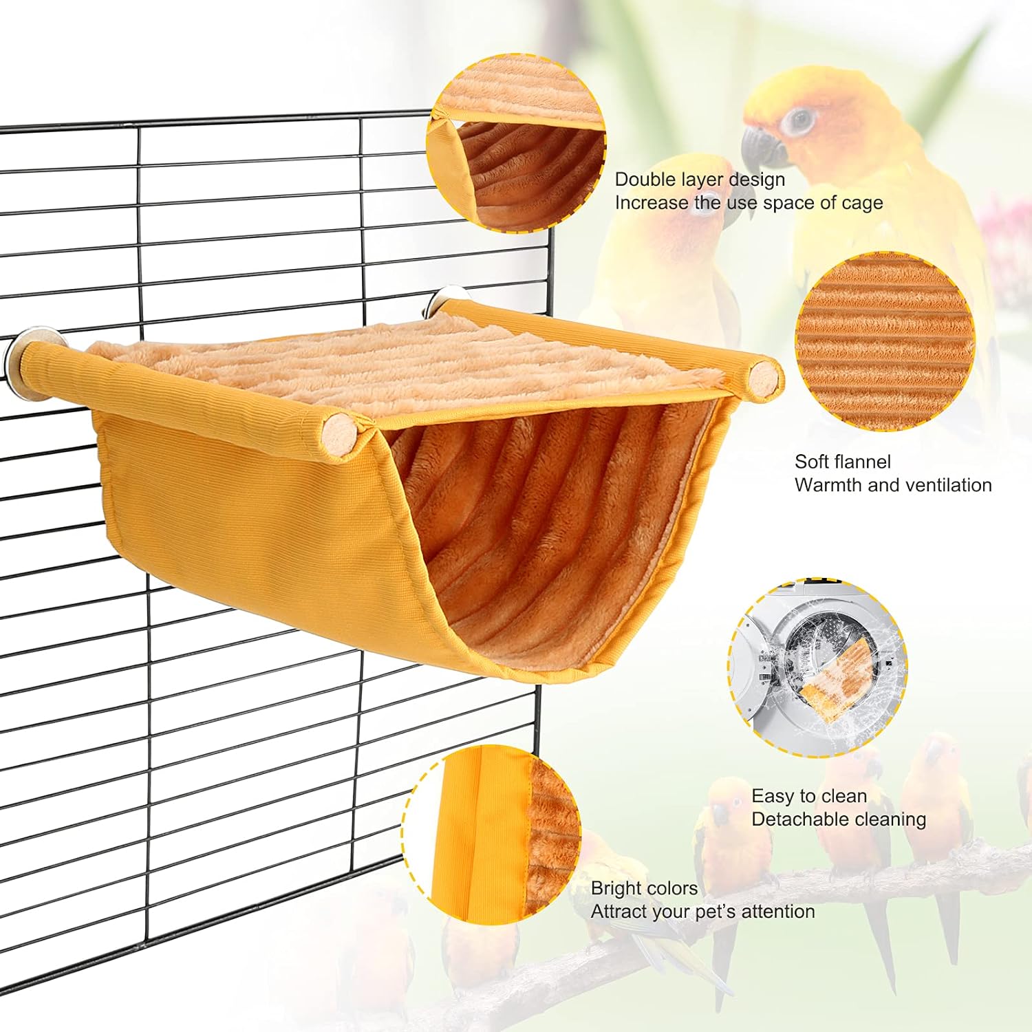 BWOGUE Winter Warm Bird Nest Bed Hanging Hammock Snuggle Hut Parrot House Tent Toy Bird Cage Perch for Parakeet Budgies Cockatiels Lovebird Cockatoo Finch Hamster Chinchilla Guinea Pig(Medium, Yellow)