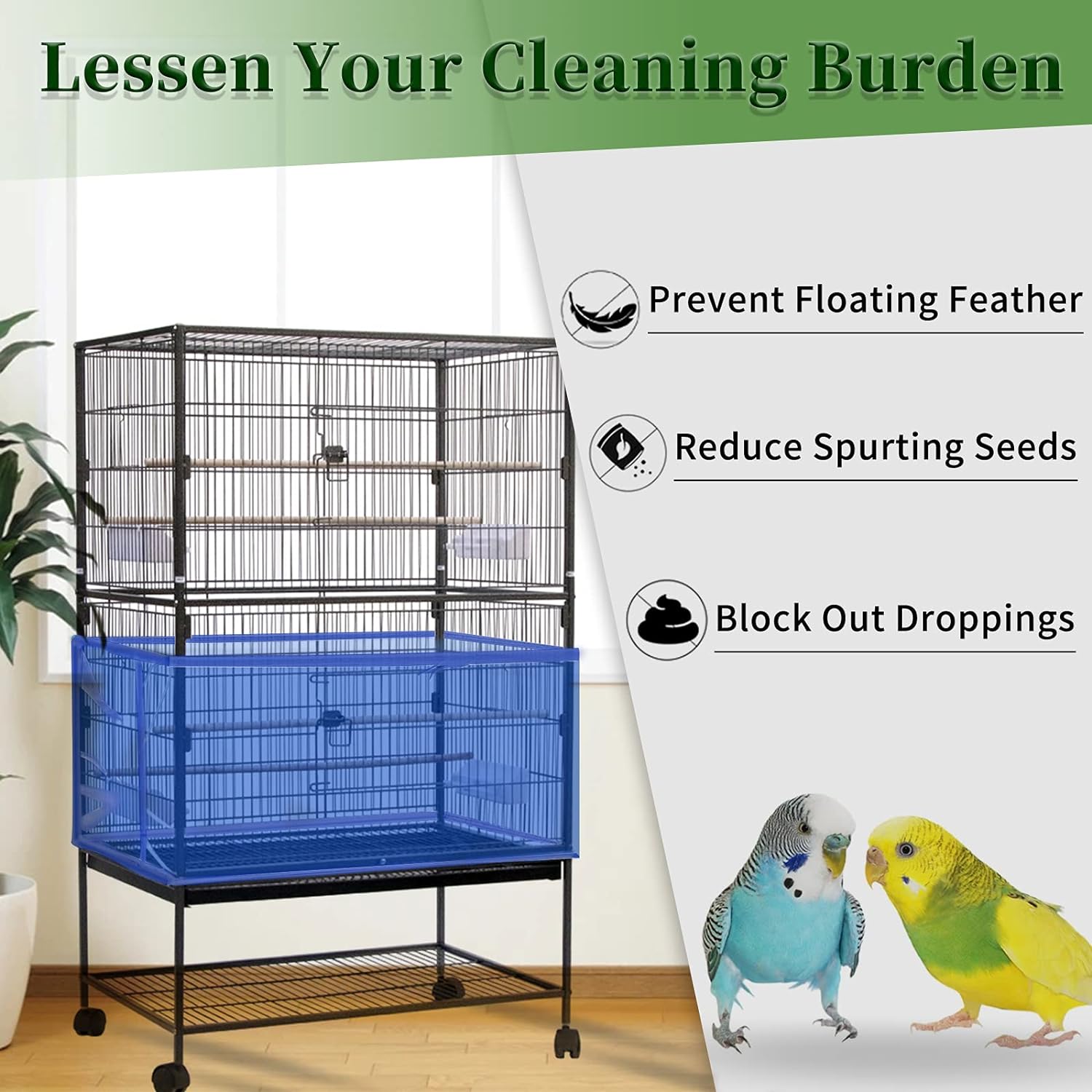 Daoeny Large Bird Cage Cover, Bird Cage Seed Catcher, Adjustable Soft Airy Nylon Mesh Net, Birdcage Cover Skirt Seed Guard for Parrot Parakeet Macaw African Round Square Cages (Black)