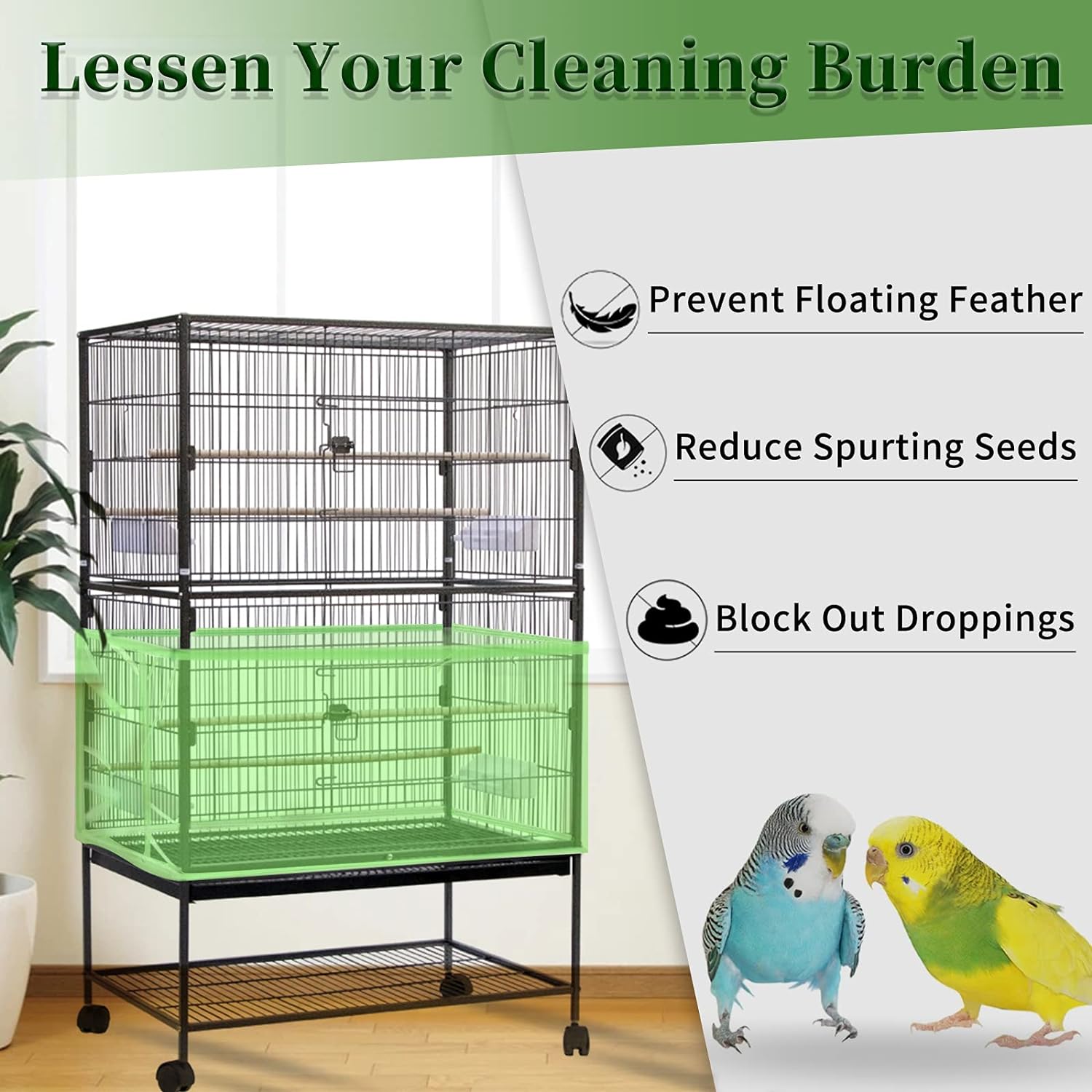 Daoeny Large Bird Cage Cover, Bird Cage Seed Catcher, Adjustable Soft Airy Nylon Mesh Net, Birdcage Cover Skirt Seed Guard for Parrot Parakeet Macaw African Round Square Cages (Black)