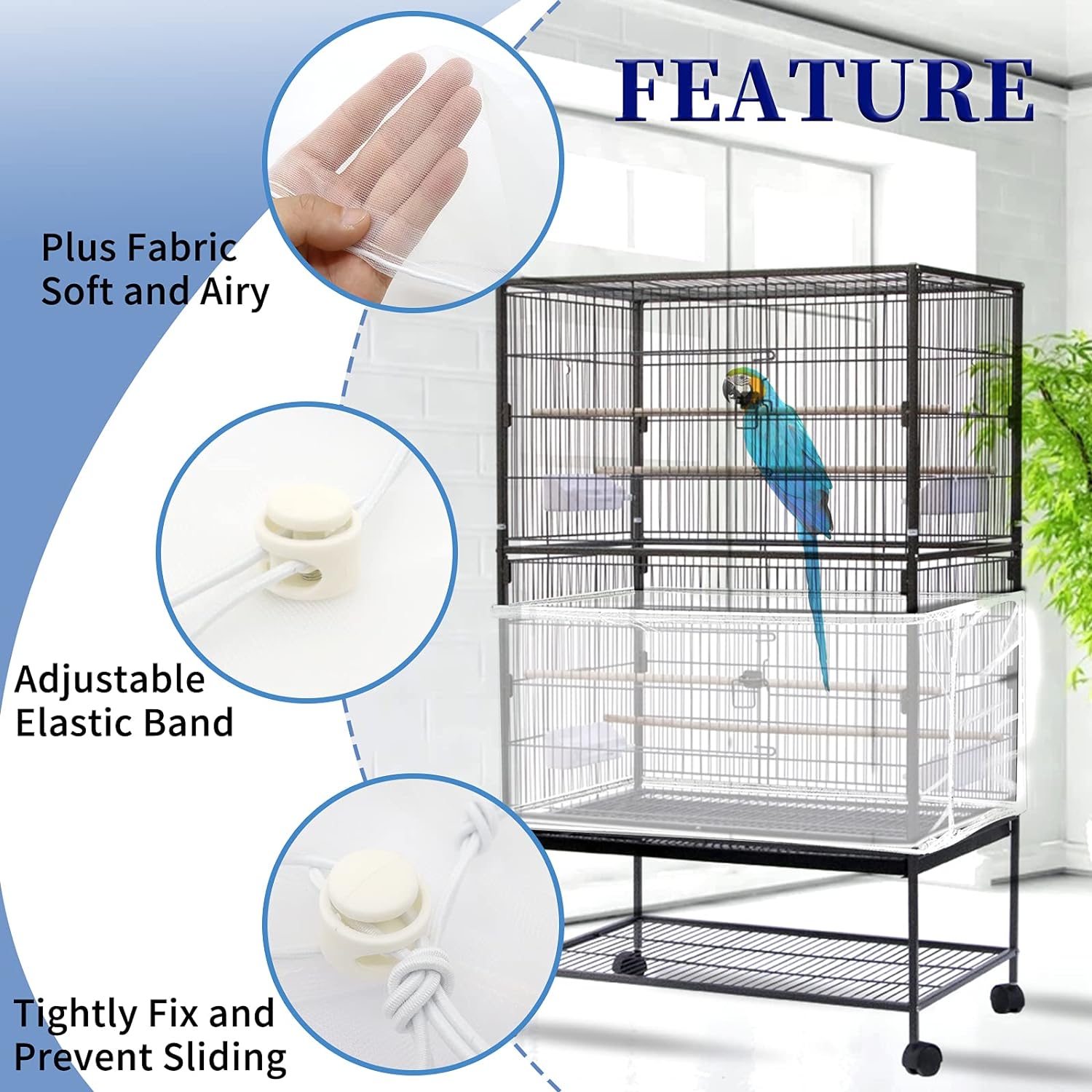 Daoeny Large Bird Cage Cover, Bird Cage Seed Catcher, Adjustable Soft Airy Nylon Mesh Net, Birdcage Cover Skirt Seed Guard for Parrot Parakeet Macaw African Round Square Cages (Black)